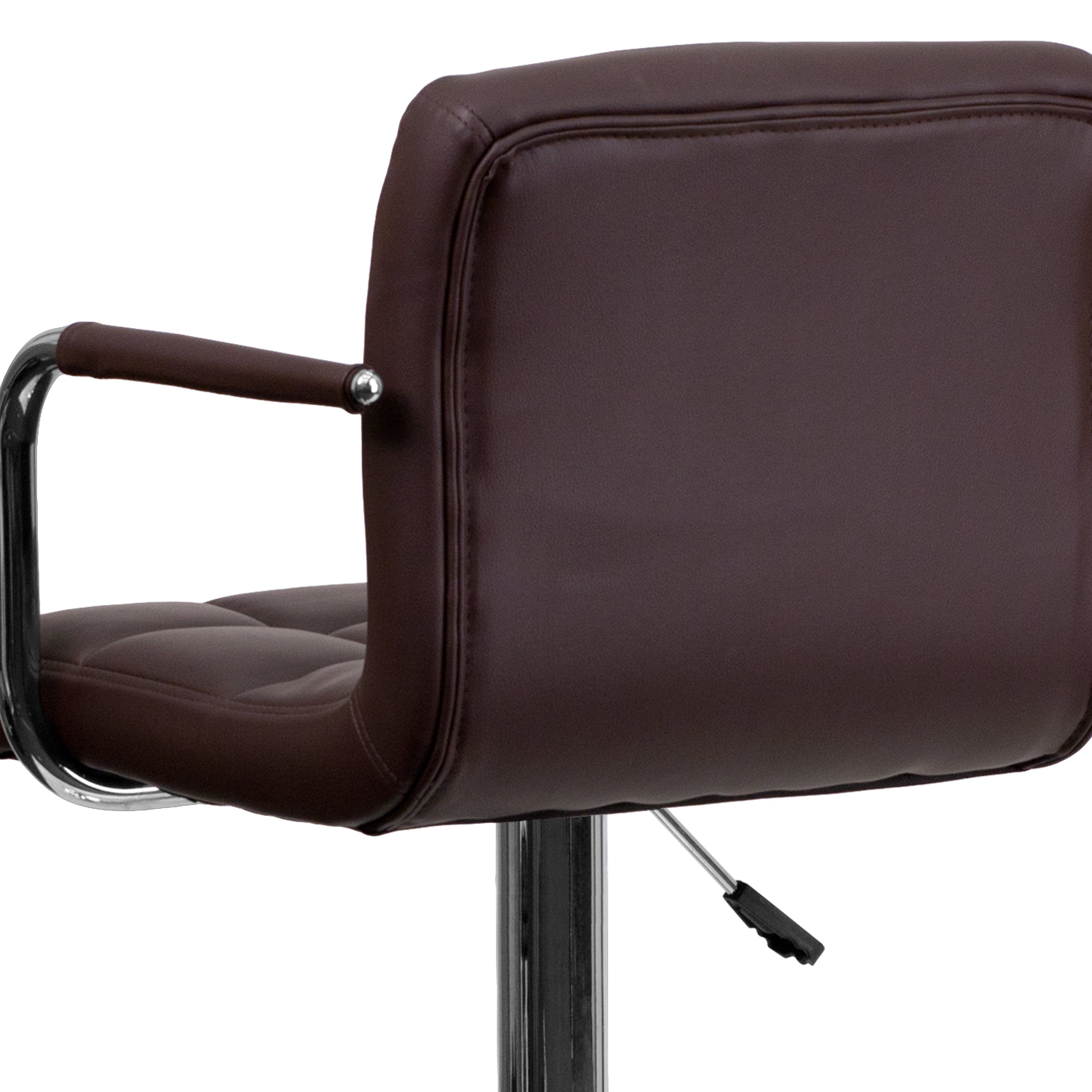 Contemporary Quilted Vinyl Adjustable Height Barstool with Arms and Chrome Base