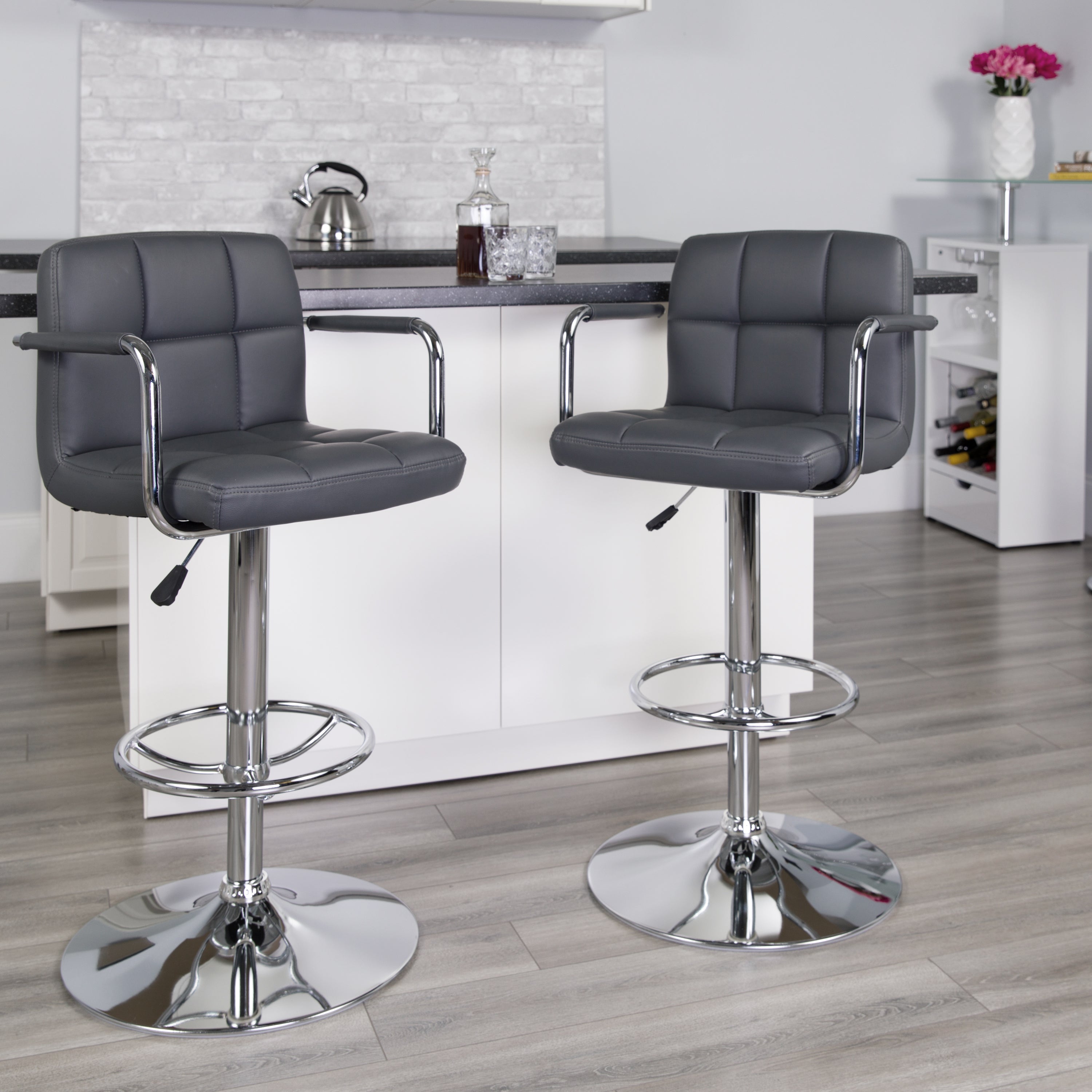 Contemporary Quilted Vinyl Adjustable Height Barstool with Arms and Chrome Base