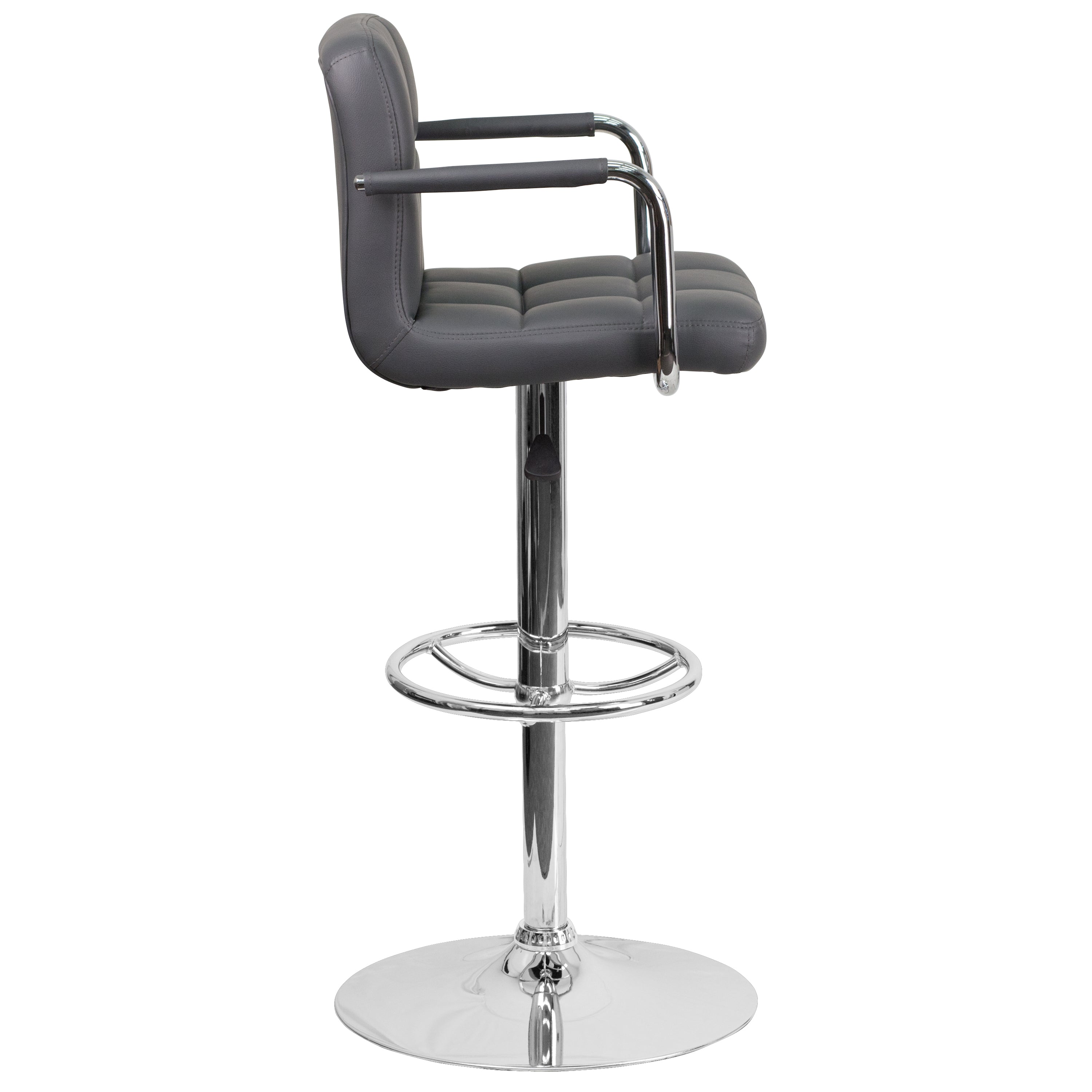 Contemporary Quilted Vinyl Adjustable Height Barstool with Arms and Chrome Base