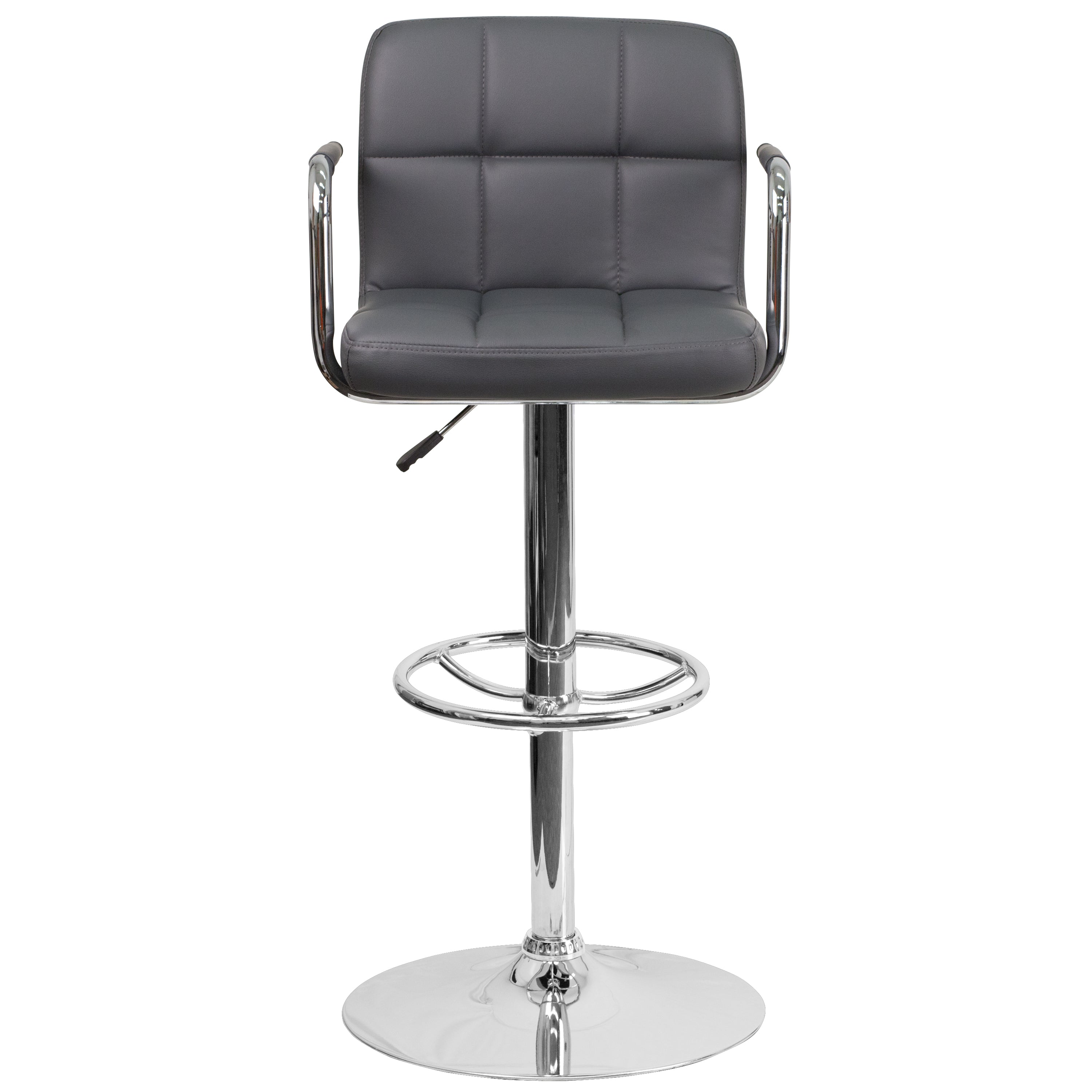 Contemporary Quilted Vinyl Adjustable Height Barstool with Arms and Chrome Base