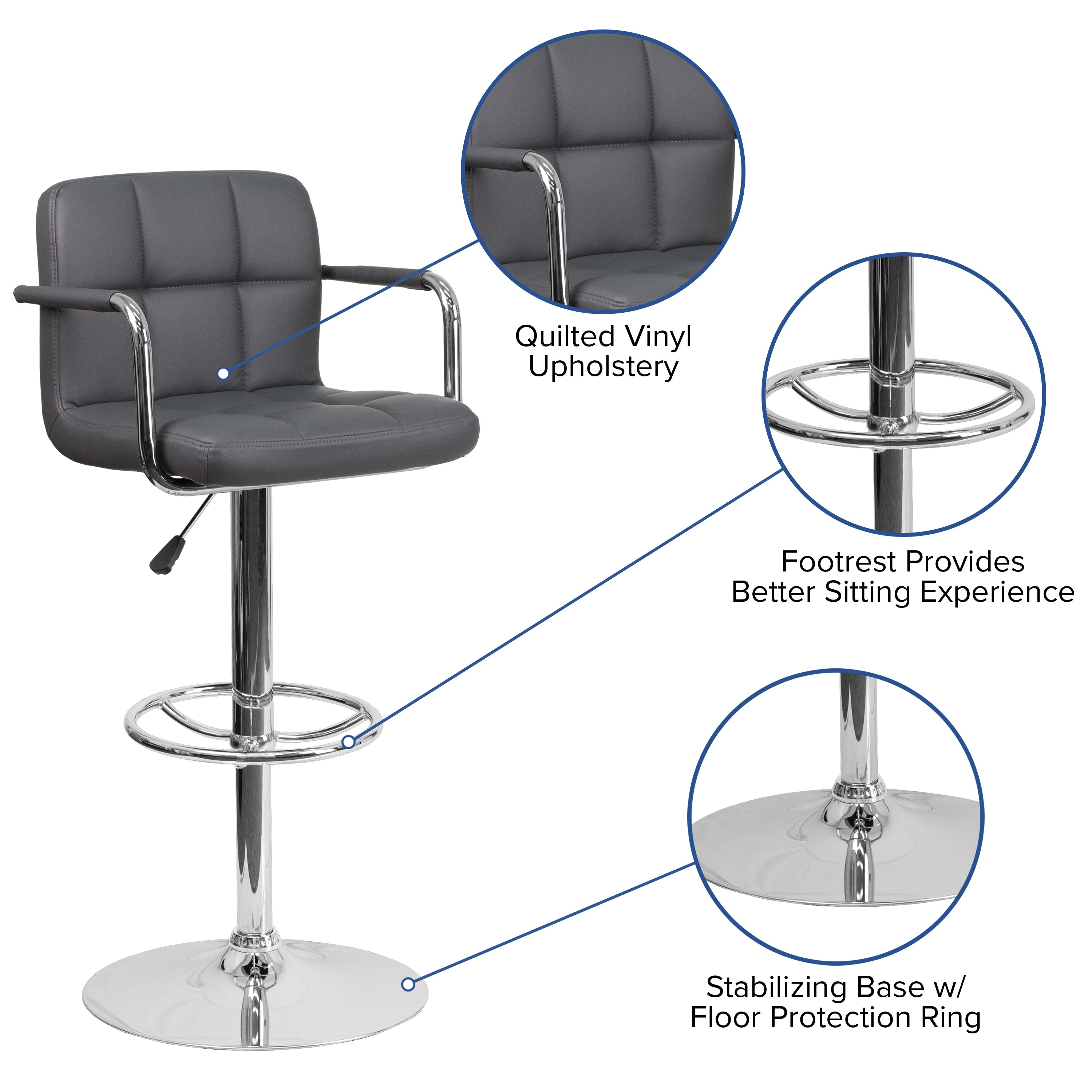 Contemporary Quilted Vinyl Adjustable Height Barstool with Arms and Chrome Base