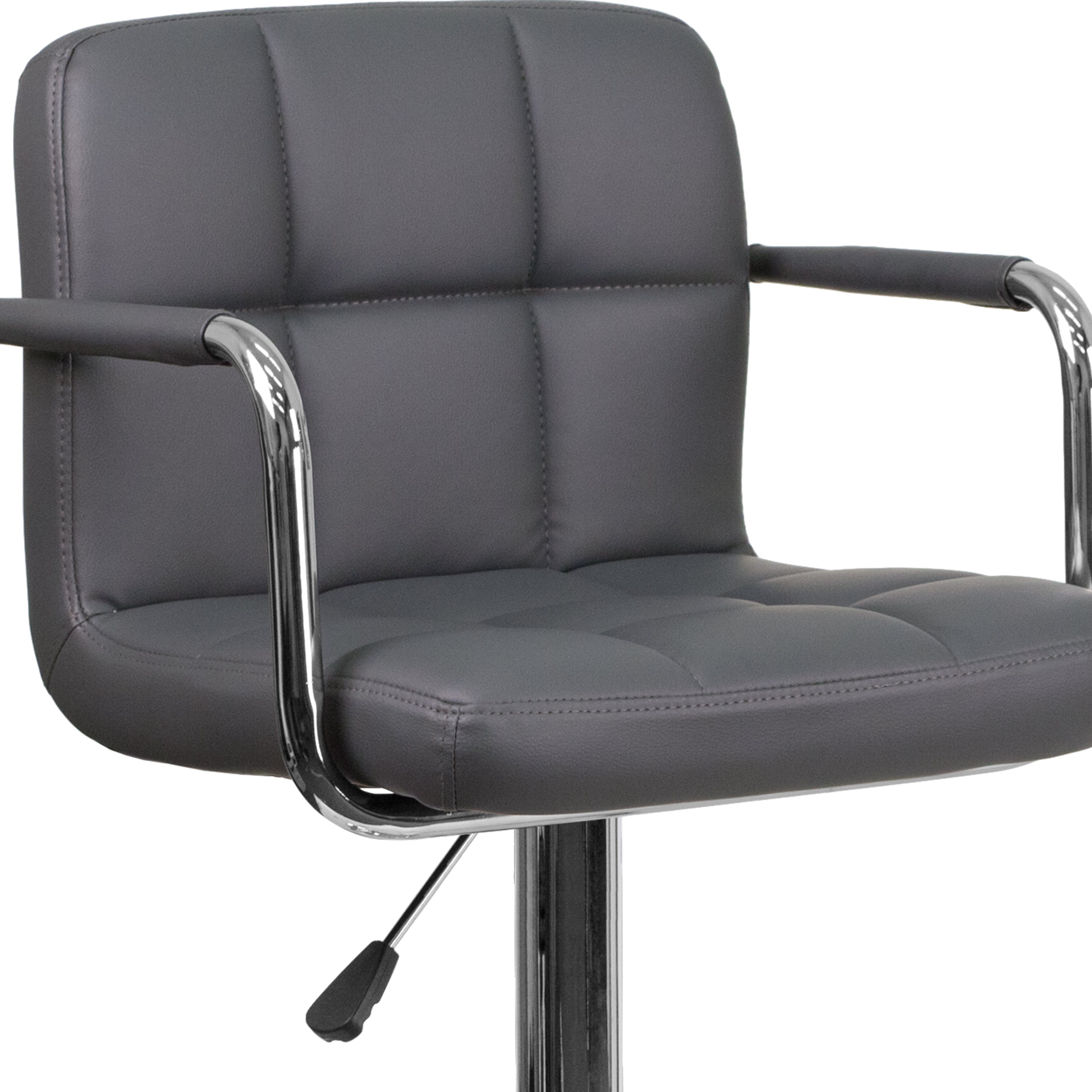 Contemporary Quilted Vinyl Adjustable Height Barstool with Arms and Chrome Base