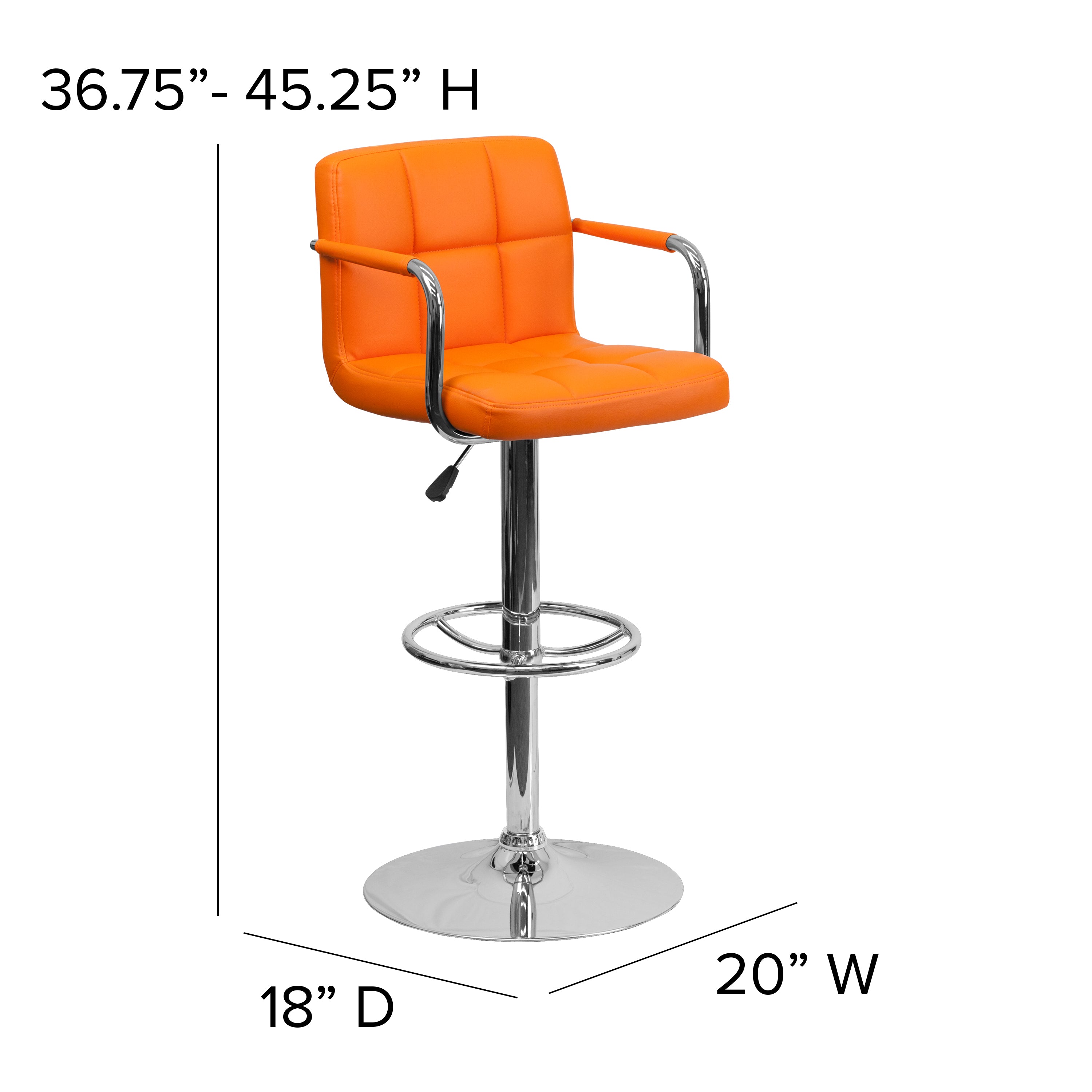 Contemporary Quilted Vinyl Adjustable Height Barstool with Arms and Chrome Base