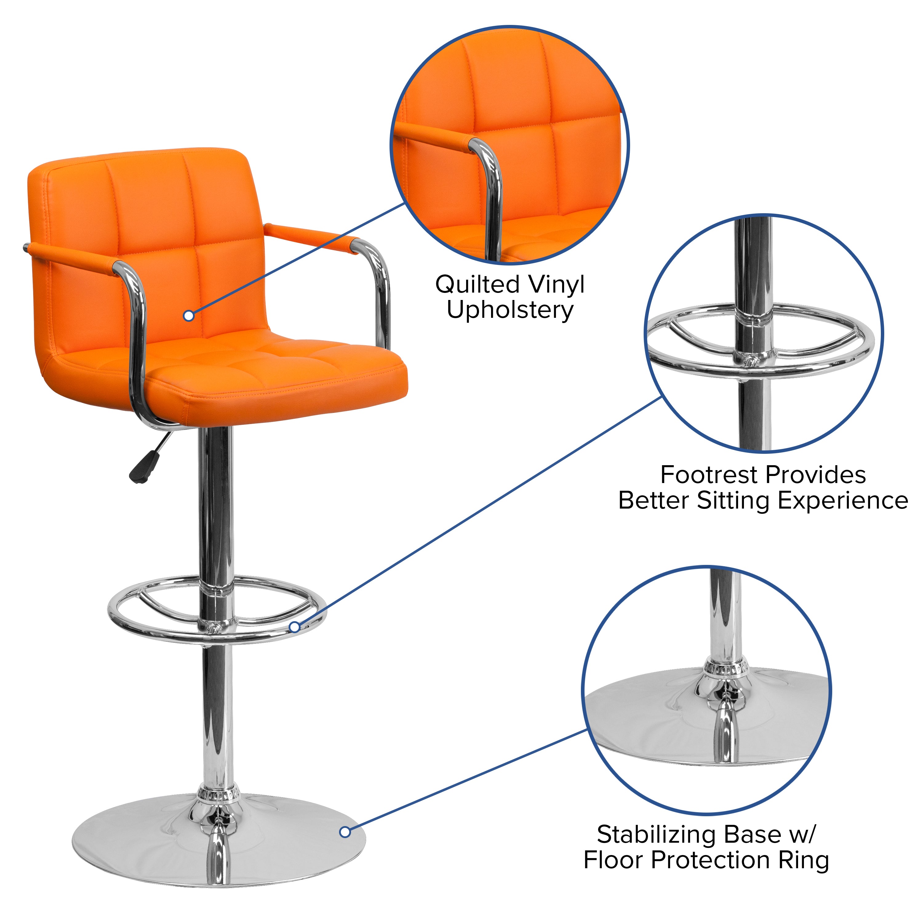 Contemporary Quilted Vinyl Adjustable Height Barstool with Arms and Chrome Base