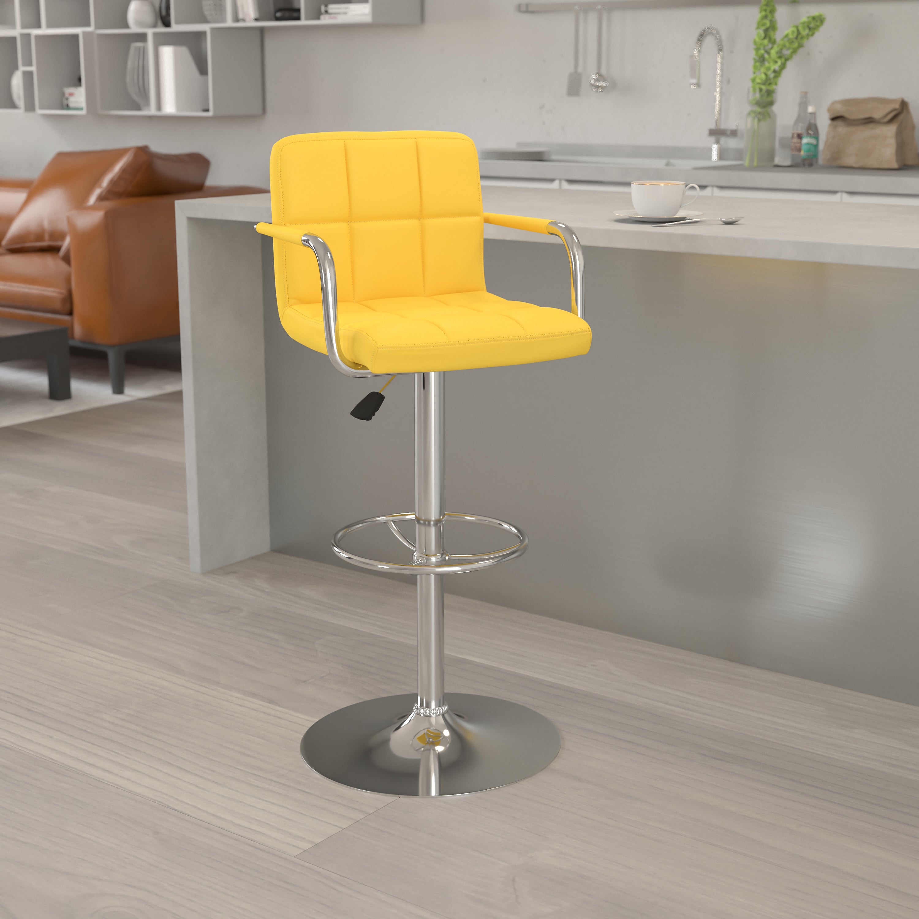 Contemporary Quilted Vinyl Adjustable Height Barstool with Arms and Chrome Base