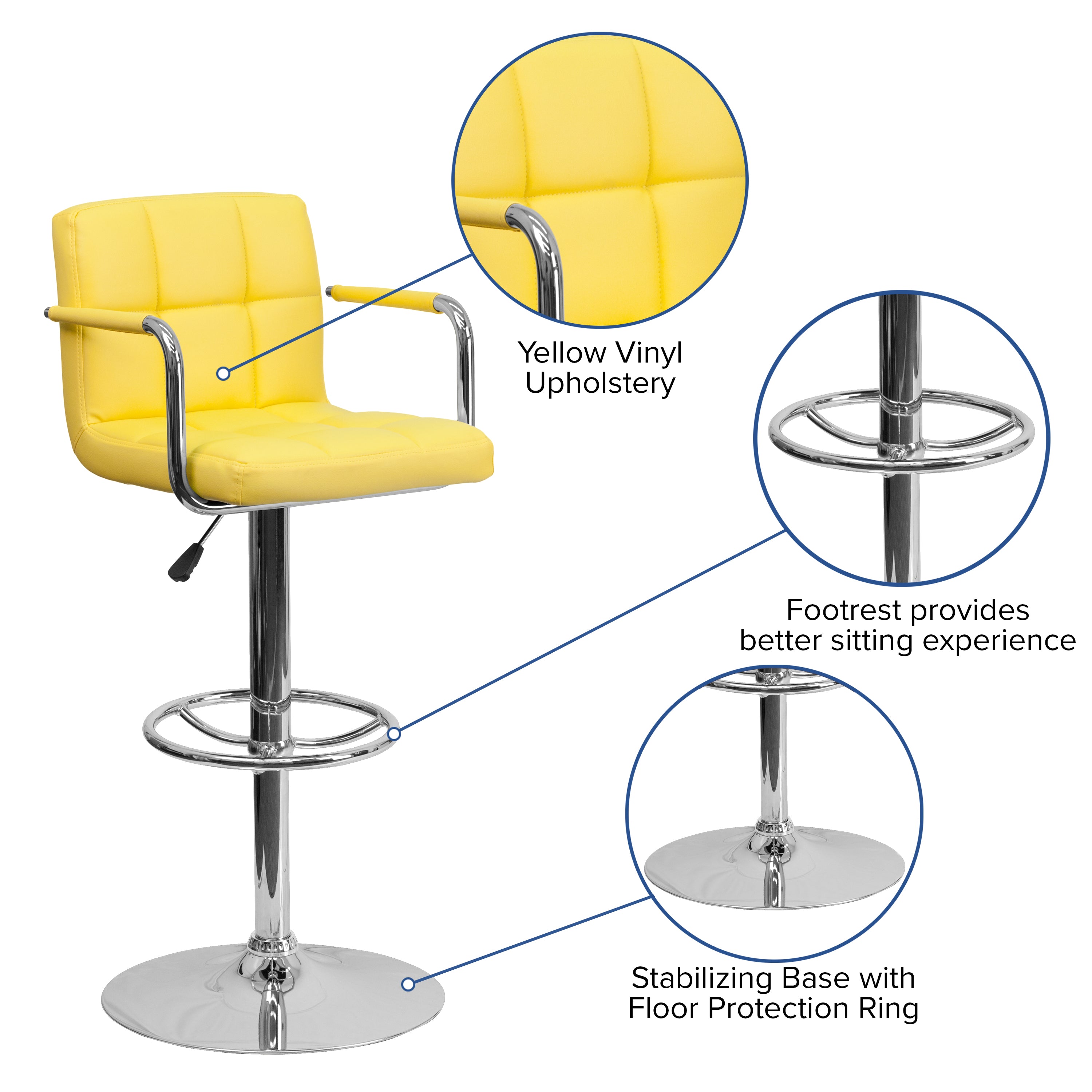 Contemporary Quilted Vinyl Adjustable Height Barstool with Arms and Chrome Base