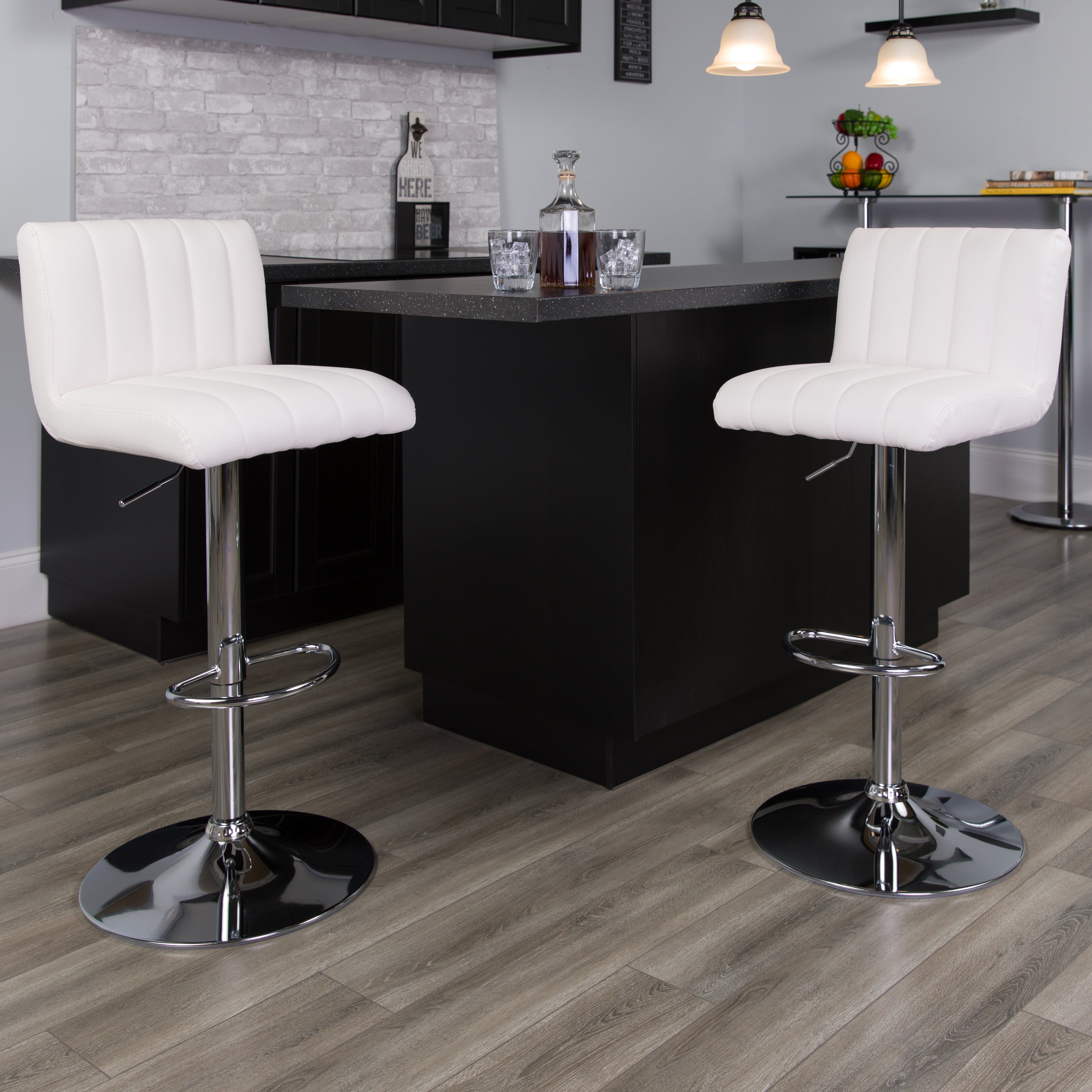 Contemporary Vinyl Adjustable Height Barstool with Vertical Stitch Back/Seat and Chrome Base
