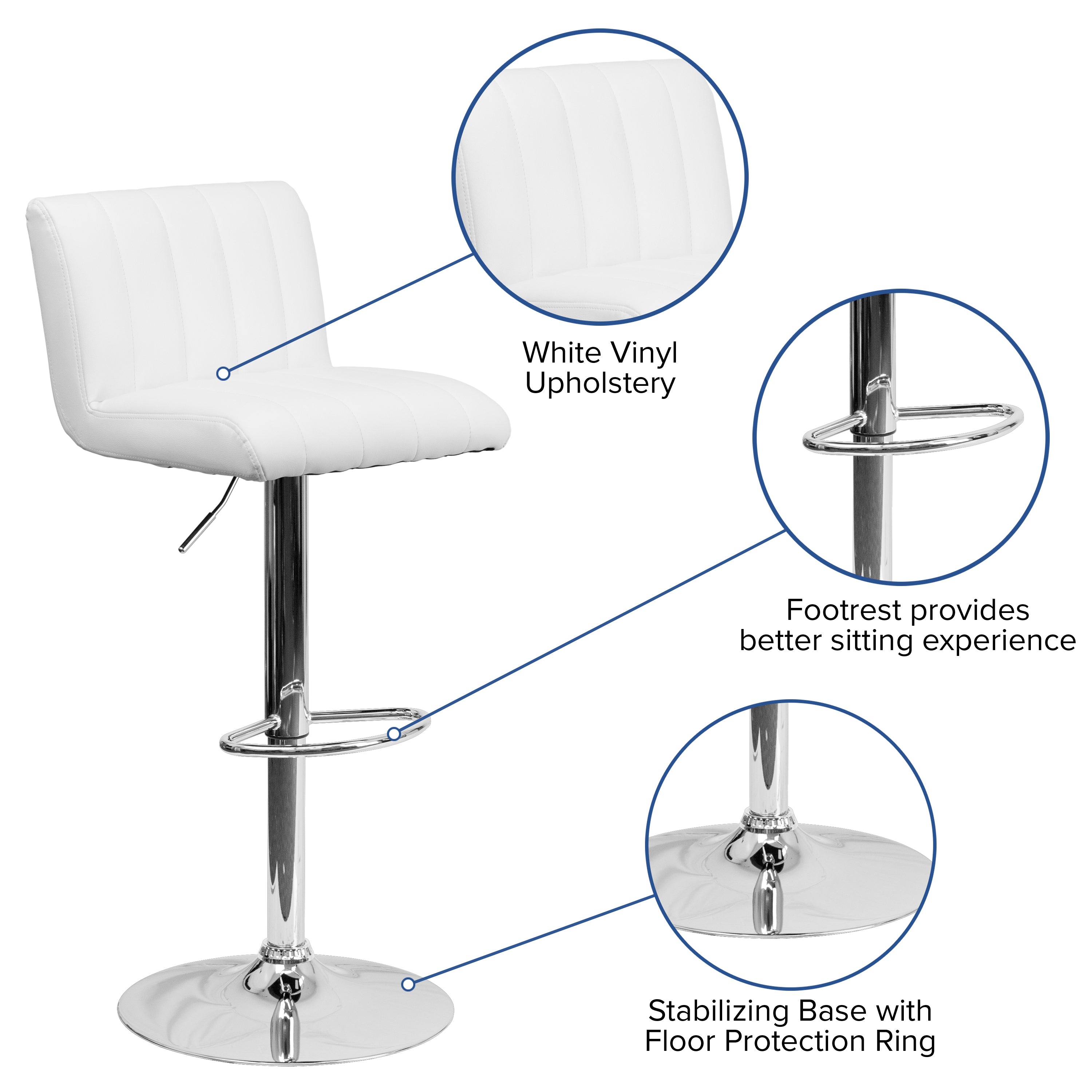 Contemporary Vinyl Adjustable Height Barstool with Vertical Stitch Back/Seat and Chrome Base