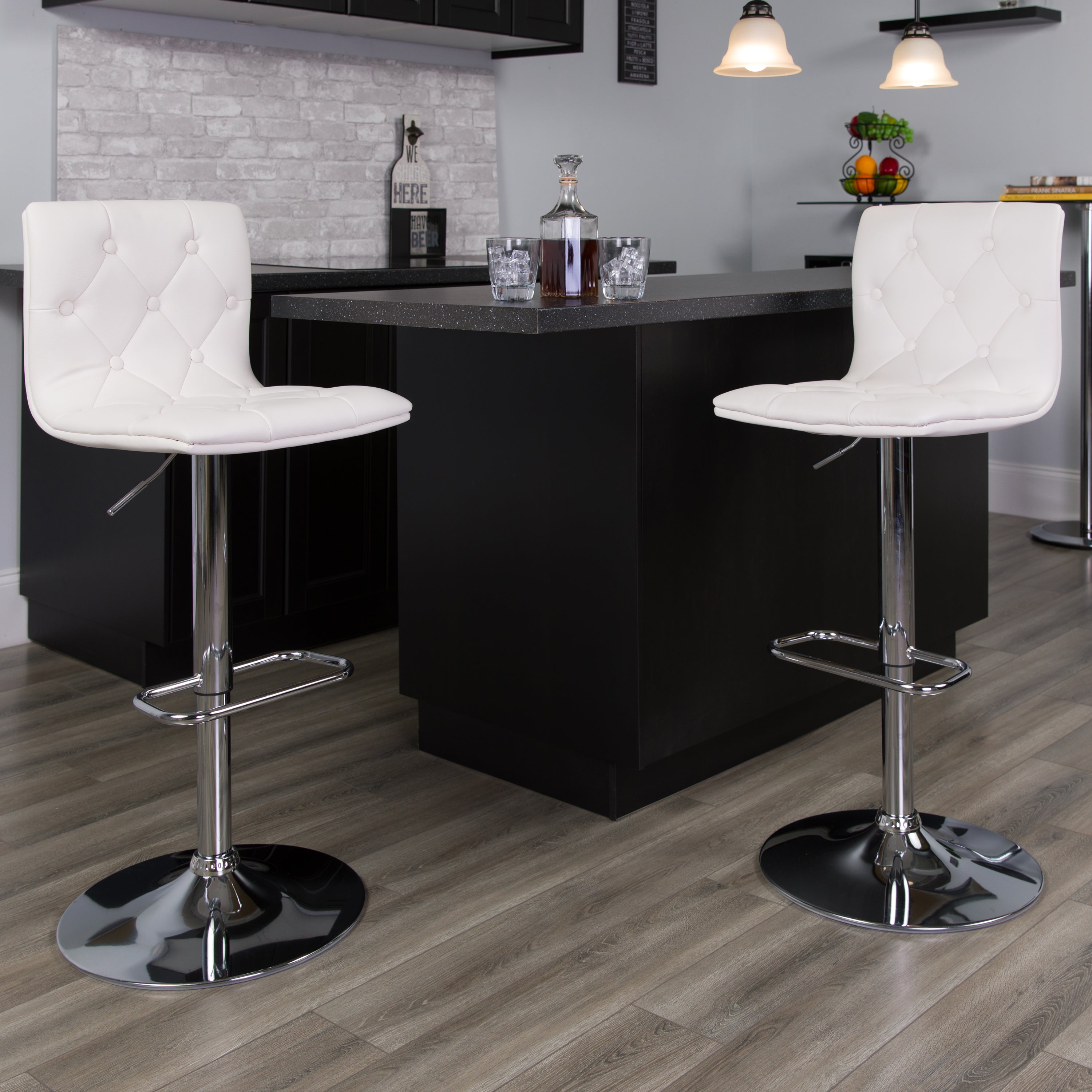 Contemporary Button Tufted Vinyl Adjustable Height Barstool with Chrome Base