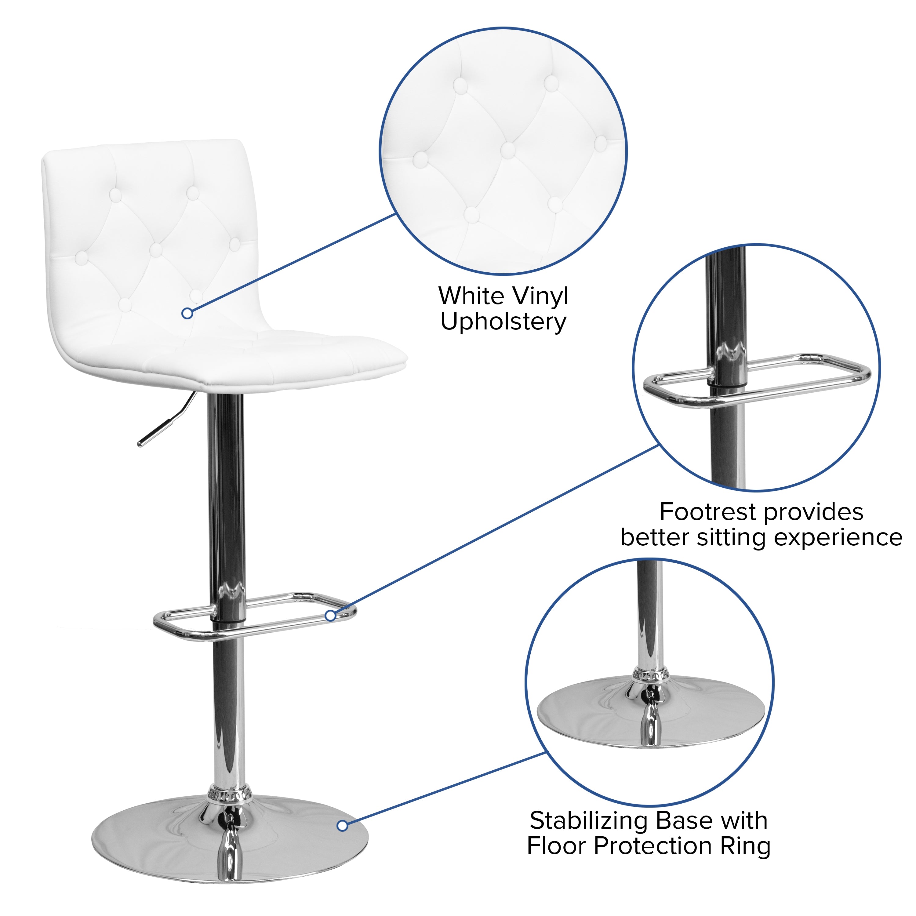Contemporary Button Tufted Vinyl Adjustable Height Barstool with Chrome Base