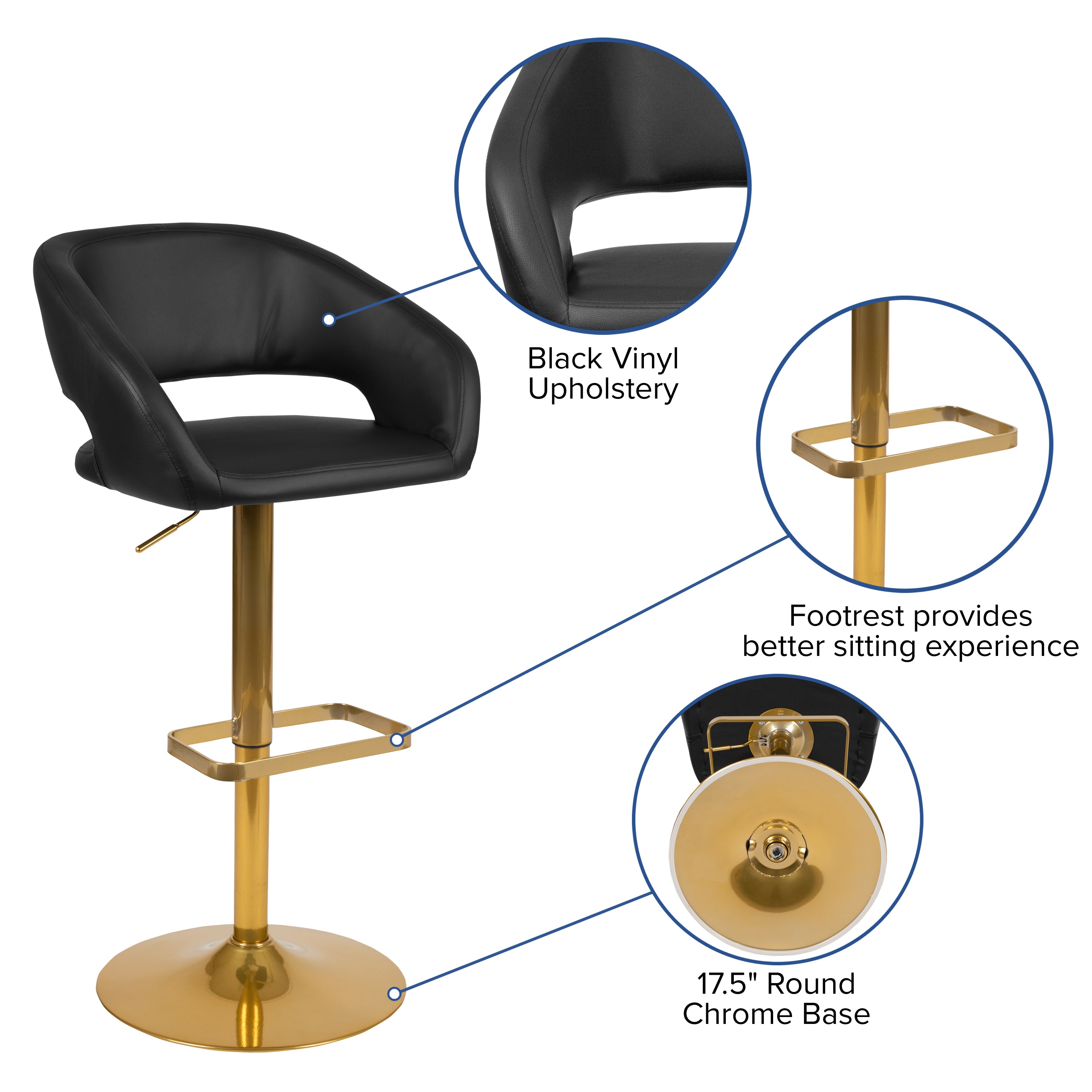 Contemporary Vinyl Adjustable Height Barstool with Rounded Mid-Back