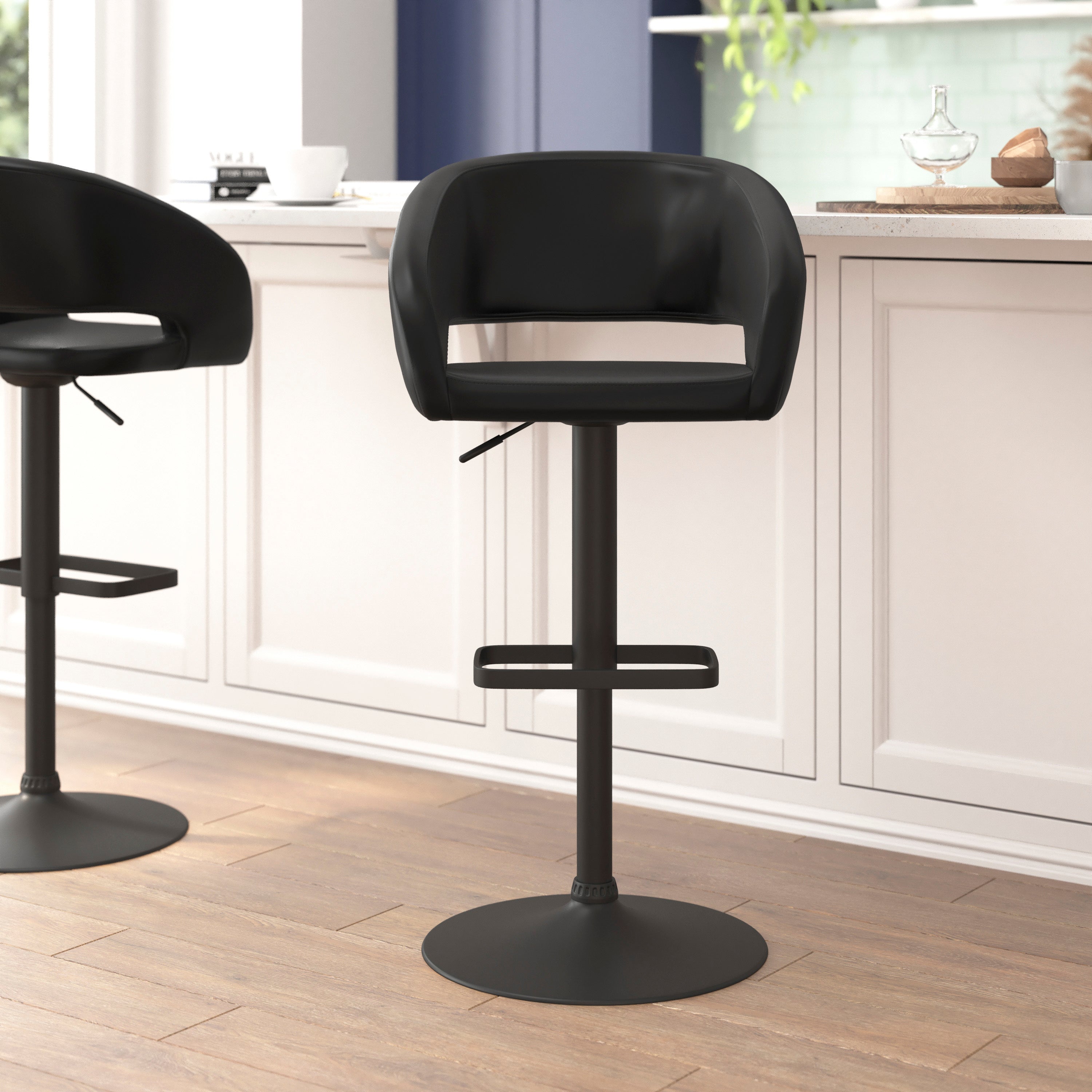 Contemporary Vinyl Adjustable Height Barstool with Rounded Mid-Back