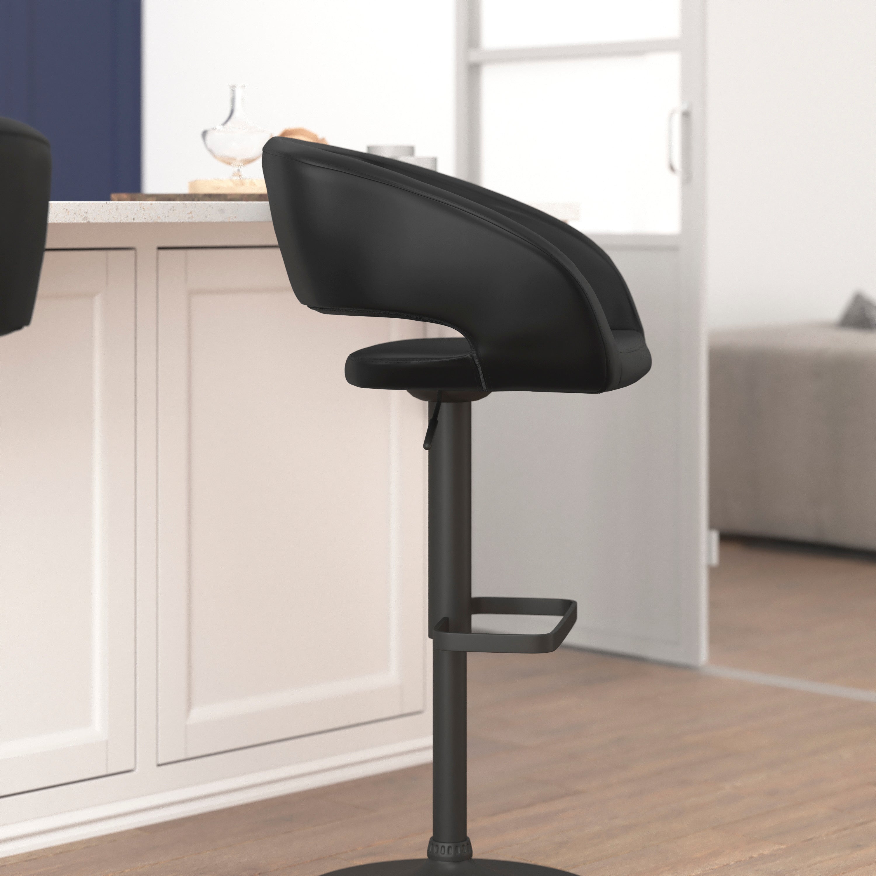 Contemporary Vinyl Adjustable Height Barstool with Rounded Mid-Back