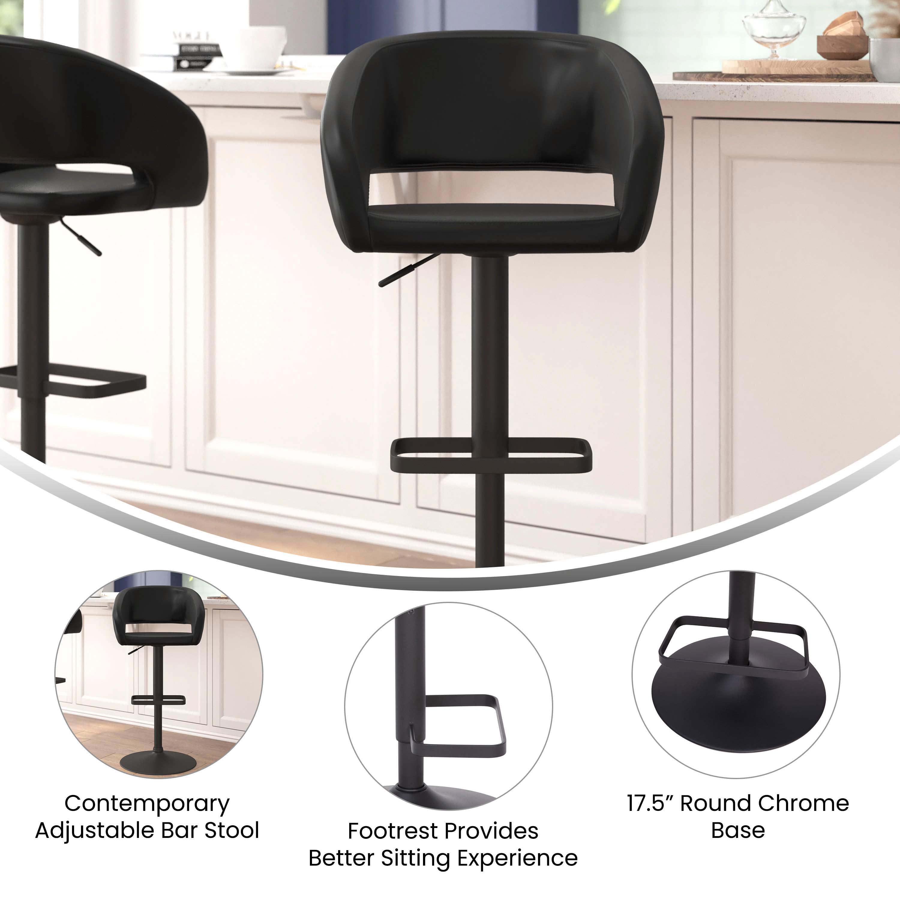 Contemporary Vinyl Adjustable Height Barstool with Rounded Mid-Back