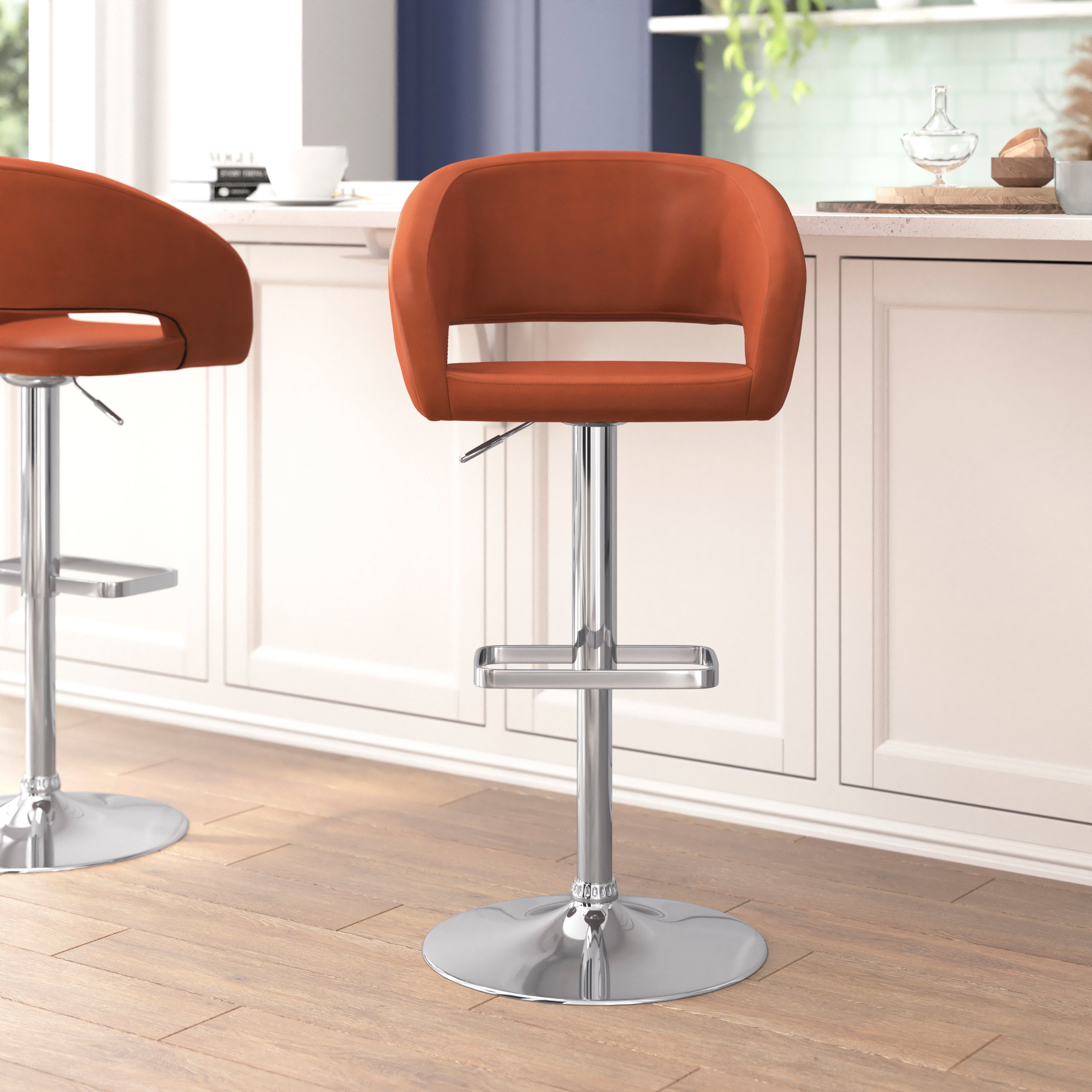 Contemporary Vinyl Adjustable Height Barstool with Rounded Mid-Back