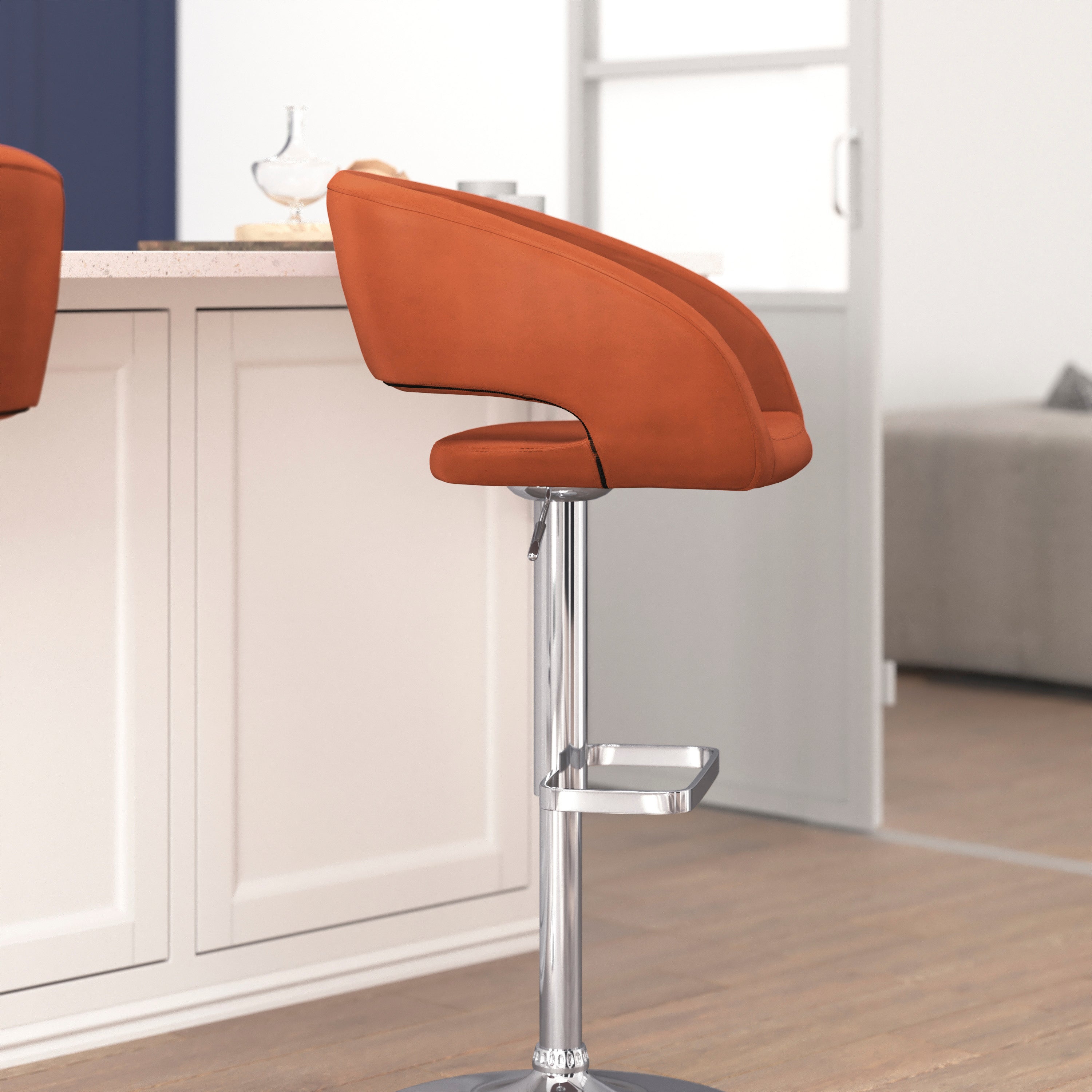 Contemporary Vinyl Adjustable Height Barstool with Rounded Mid-Back