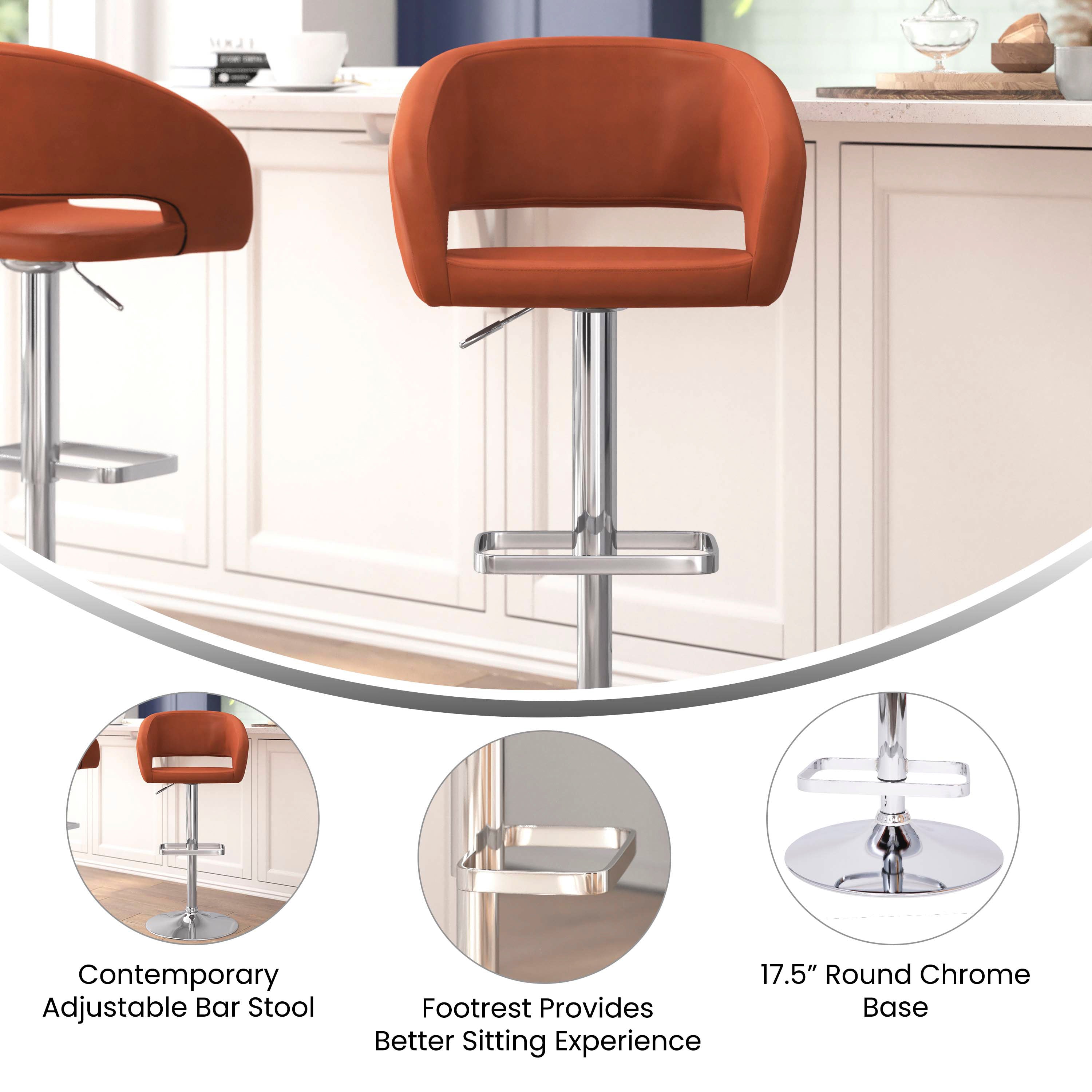Contemporary Vinyl Adjustable Height Barstool with Rounded Mid-Back
