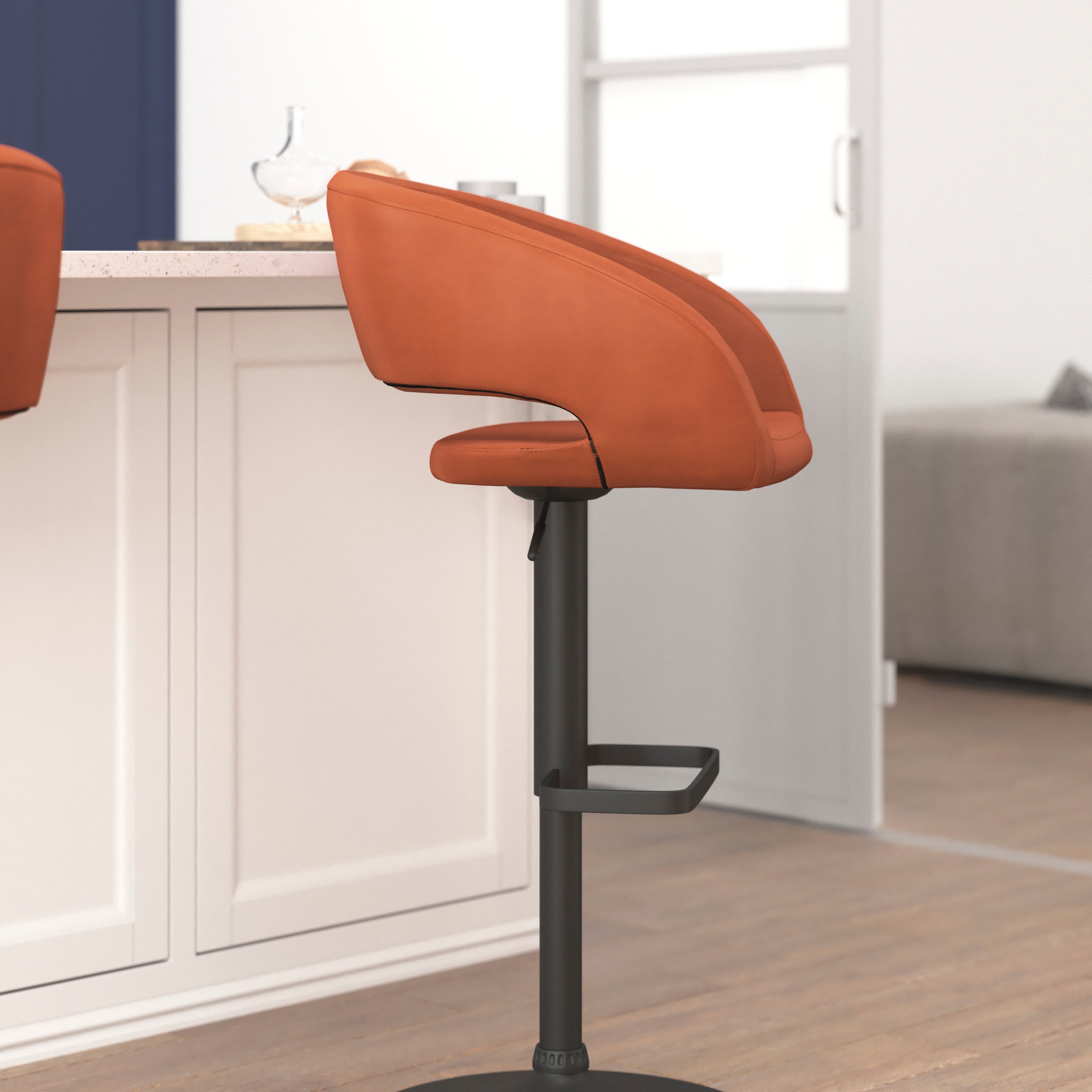 Contemporary Vinyl Adjustable Height Barstool with Rounded Mid-Back