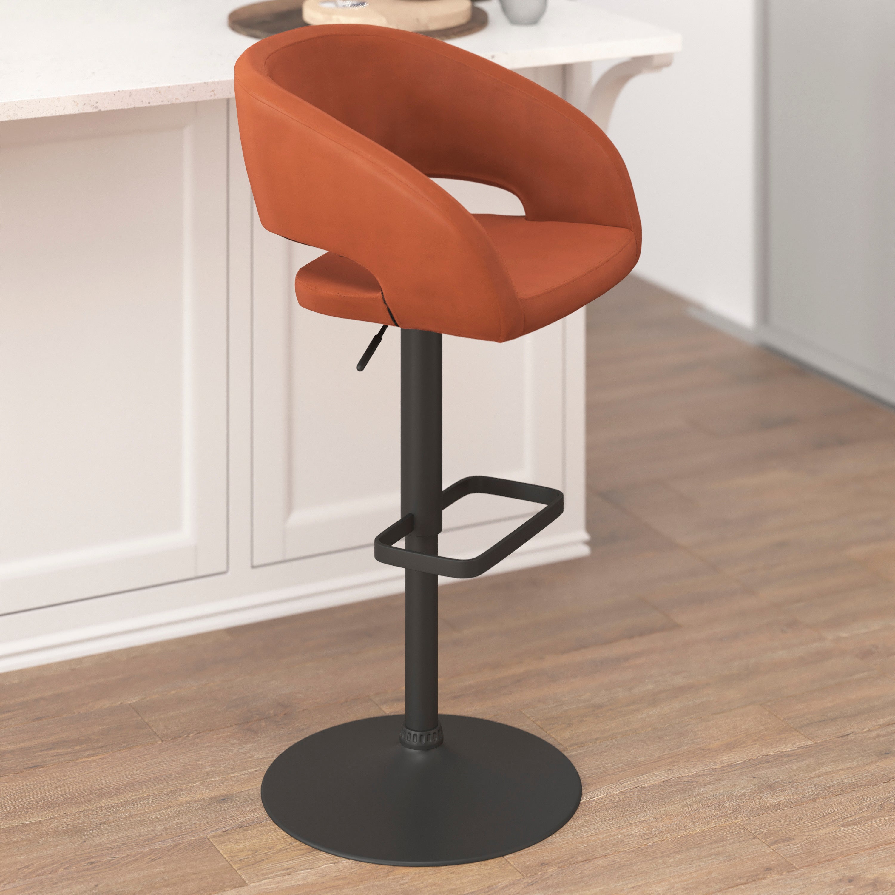 Contemporary Vinyl Adjustable Height Barstool with Rounded Mid-Back