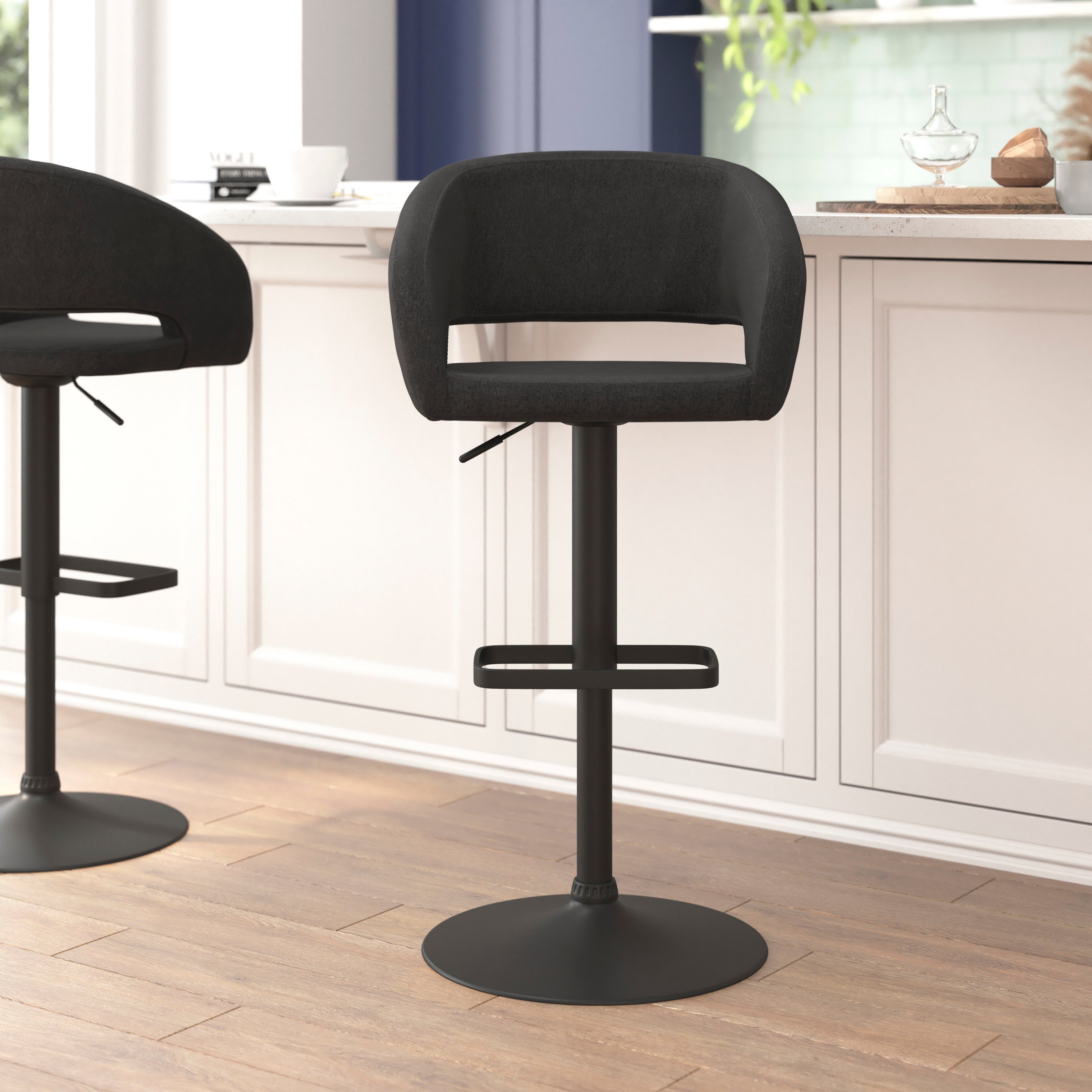 Contemporary Vinyl Adjustable Height Barstool with Rounded Mid-Back