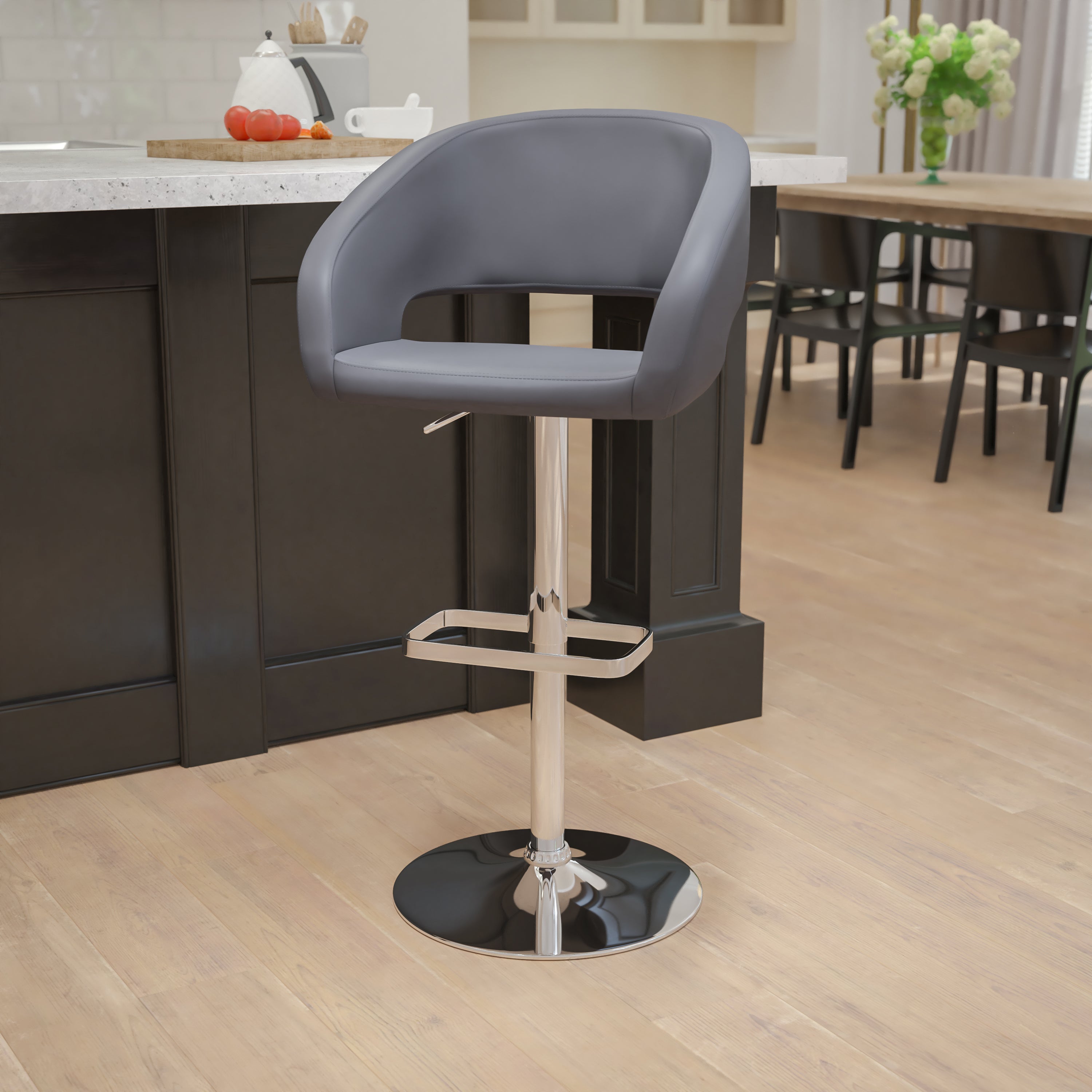 Contemporary Vinyl Adjustable Height Barstool with Rounded Mid-Back