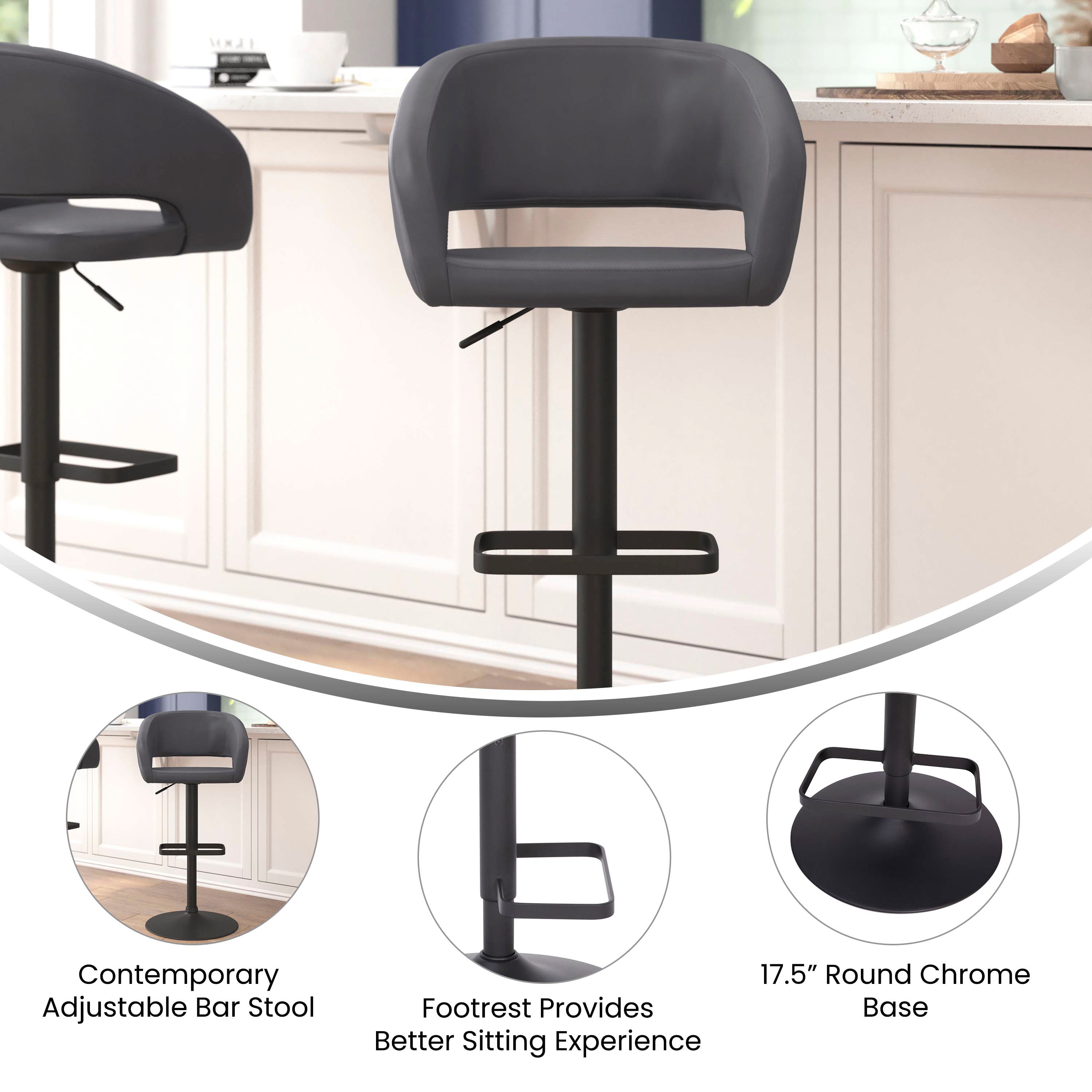 Contemporary Vinyl Adjustable Height Barstool with Rounded Mid-Back