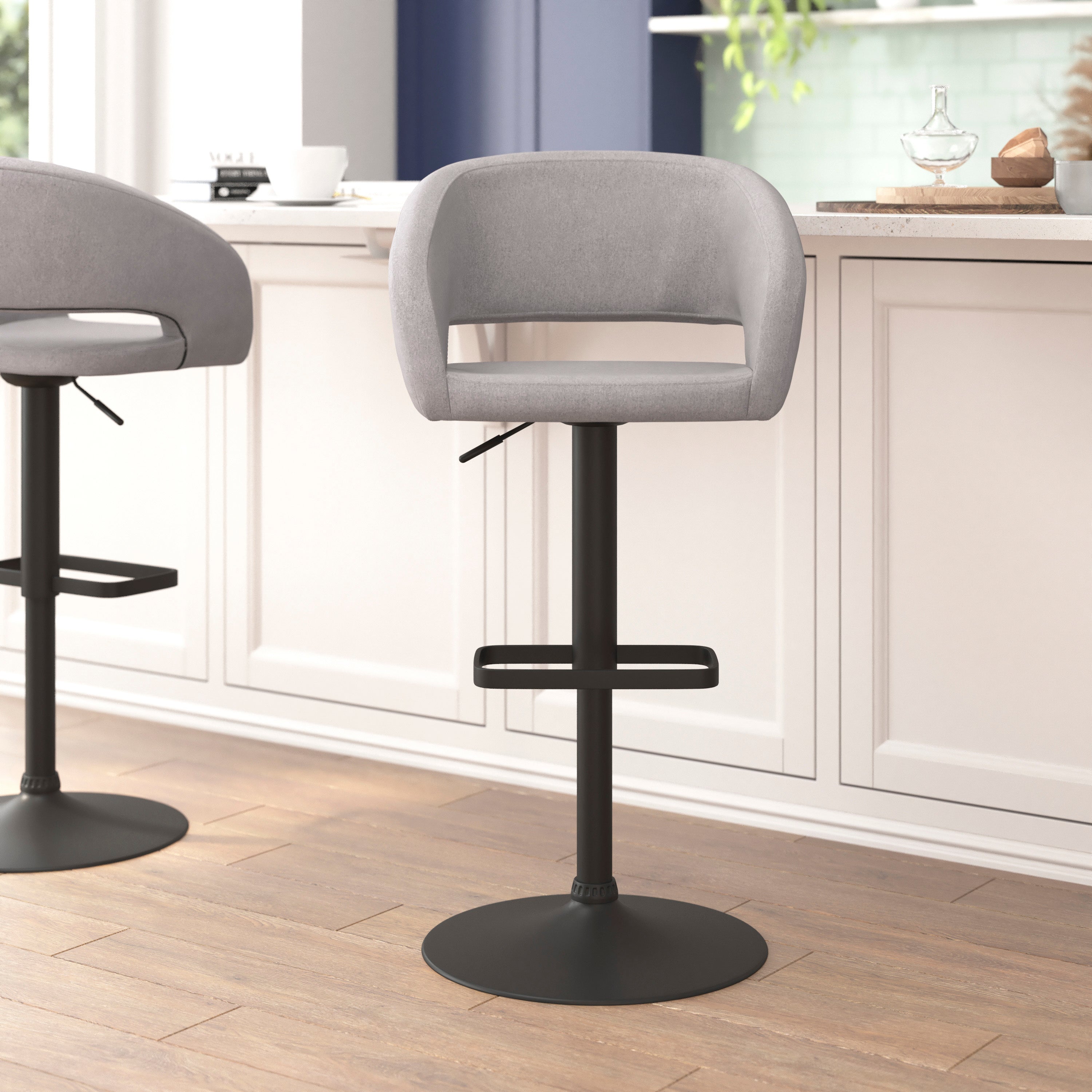 Contemporary Vinyl Adjustable Height Barstool with Rounded Mid-Back