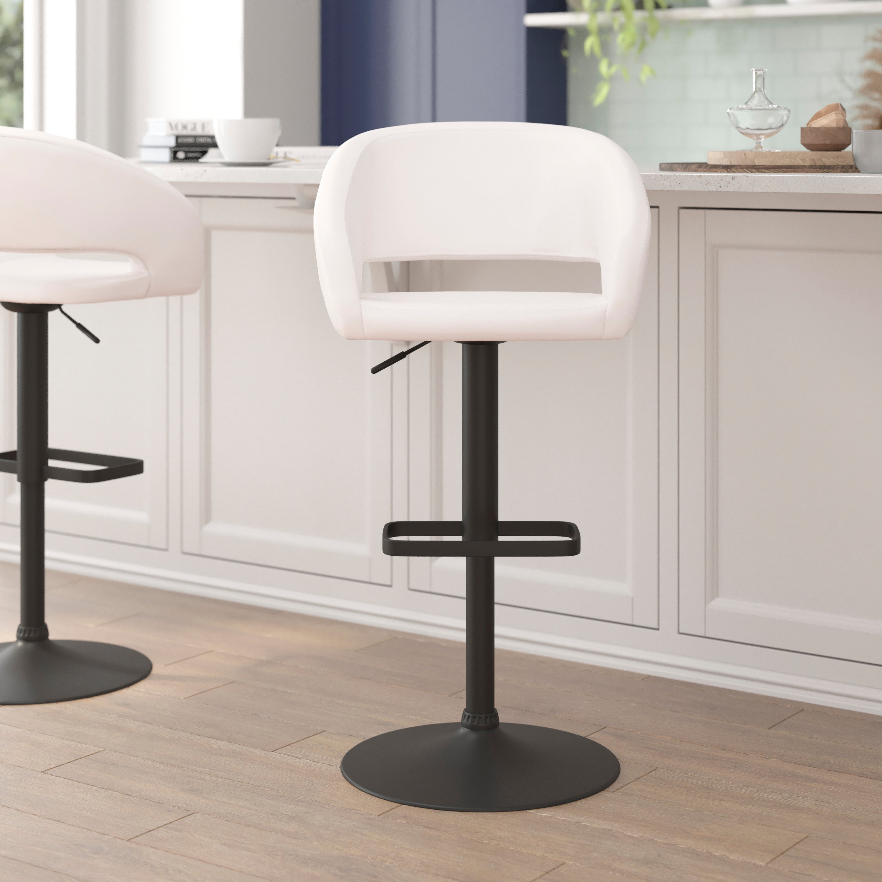 Contemporary Vinyl Adjustable Height Barstool with Rounded Mid-Back