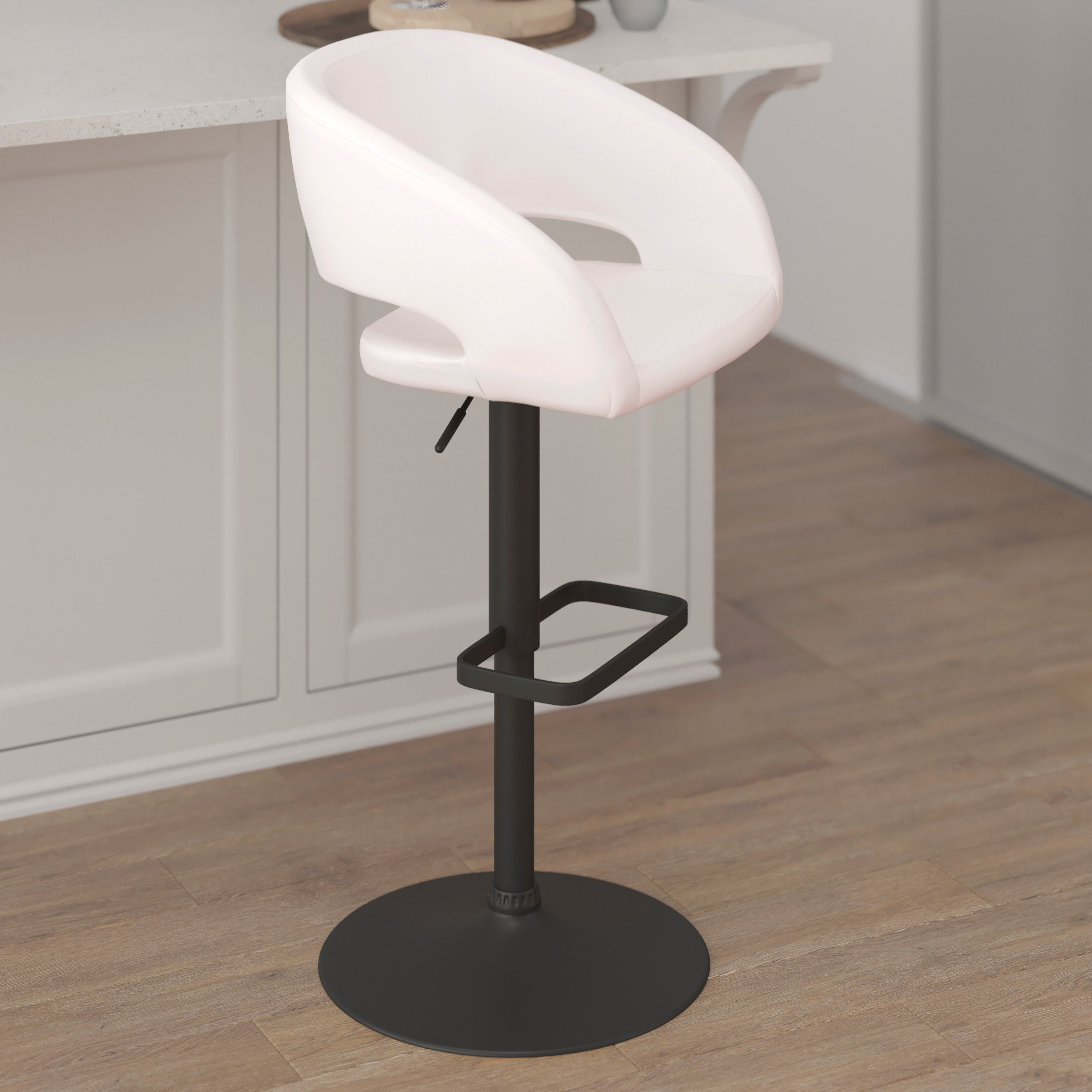 Contemporary Vinyl Adjustable Height Barstool with Rounded Mid-Back
