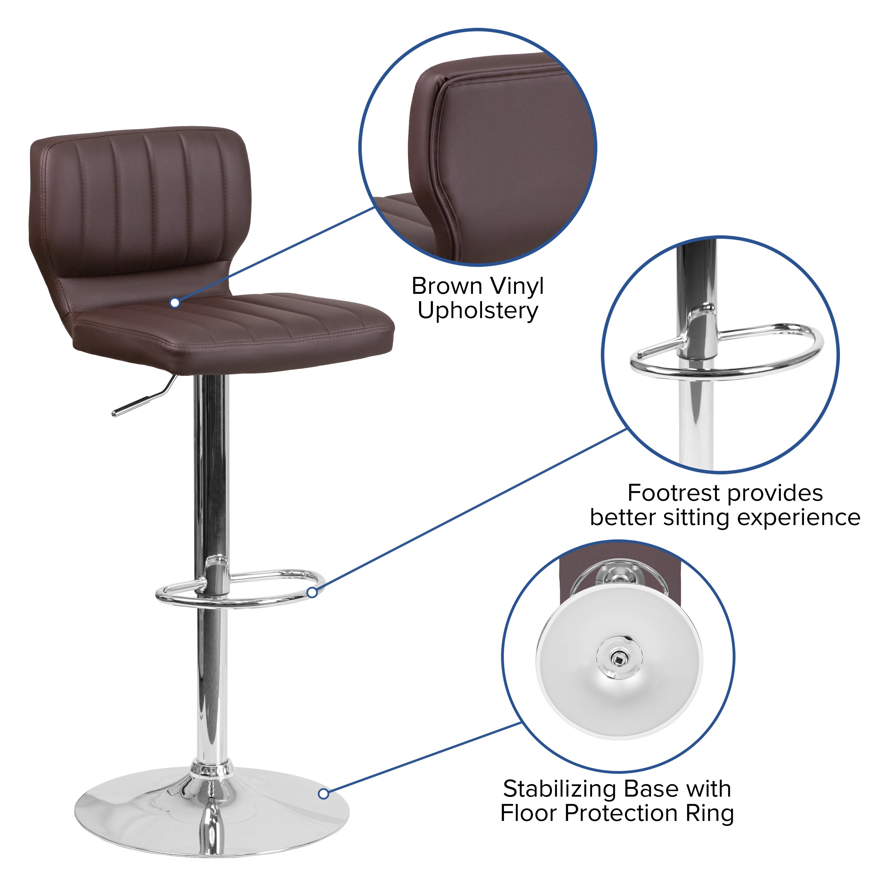 Contemporary Vinyl Adjustable Height Barstool with Vertical Stitch Back and Chrome Base
