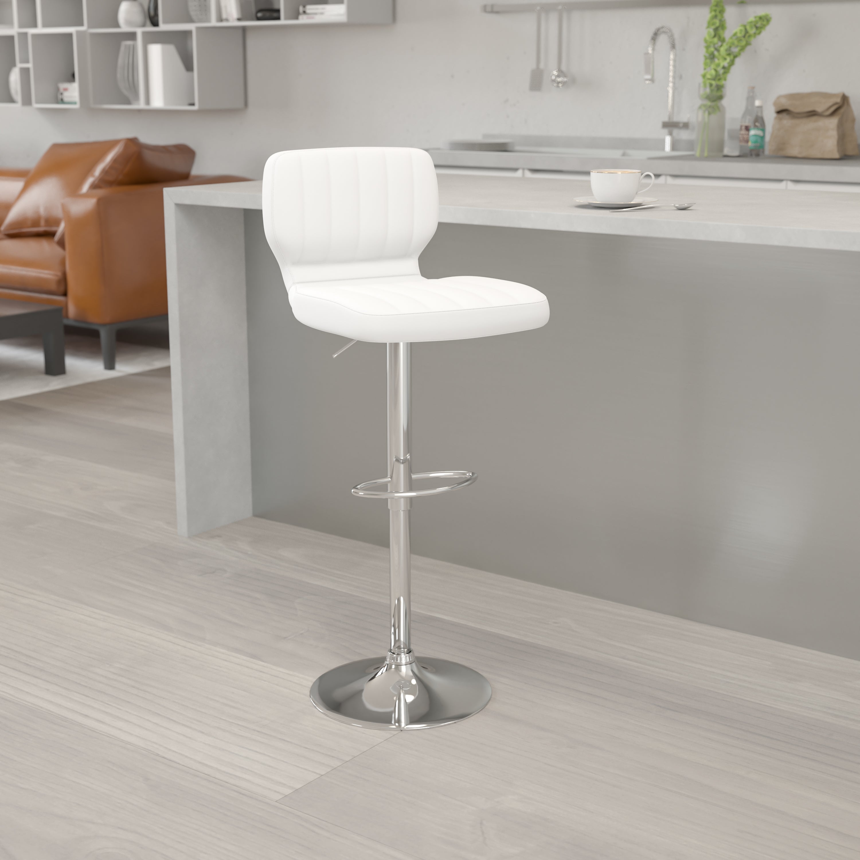 Contemporary Vinyl Adjustable Height Barstool with Vertical Stitch Back and Chrome Base