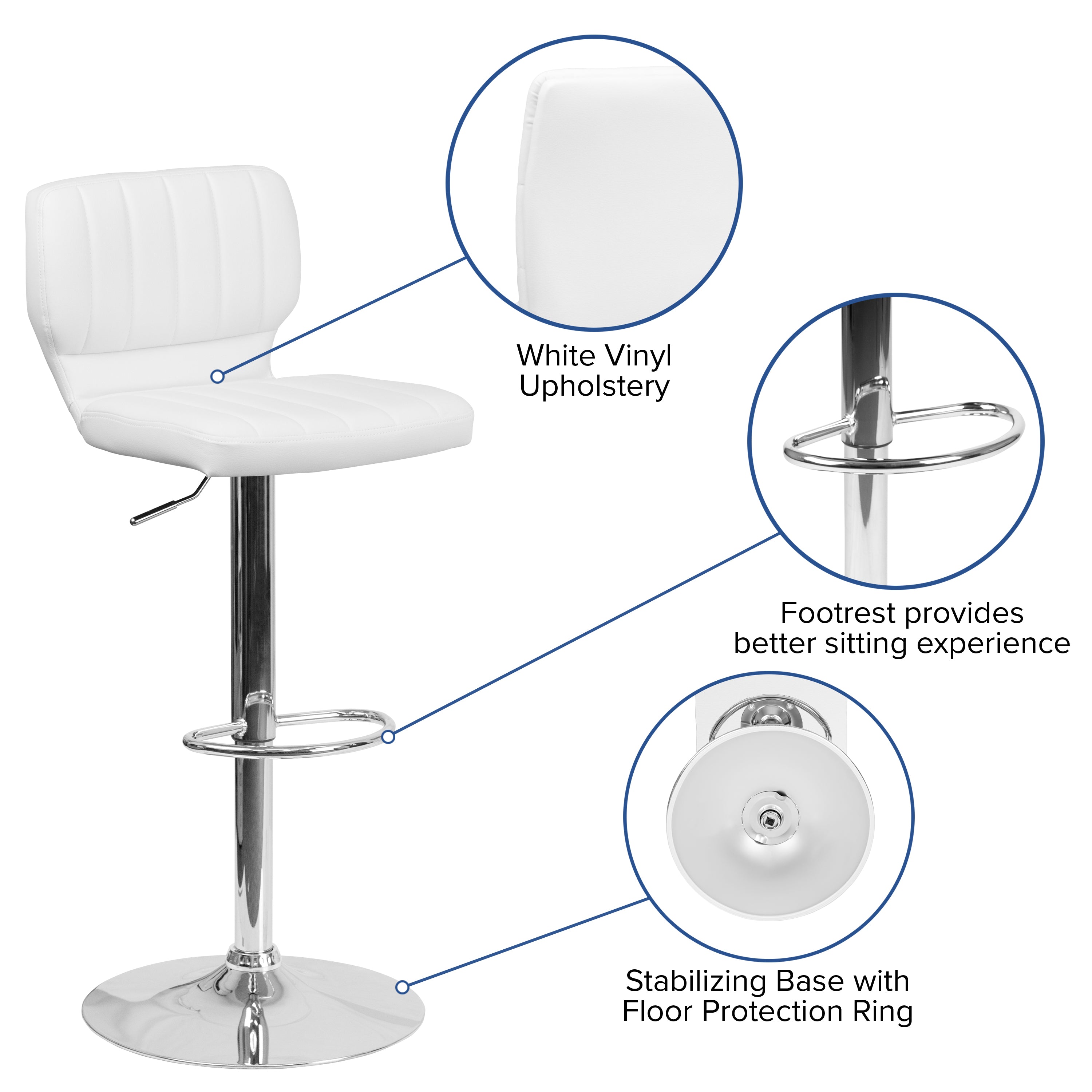 Contemporary Vinyl Adjustable Height Barstool with Vertical Stitch Back and Chrome Base