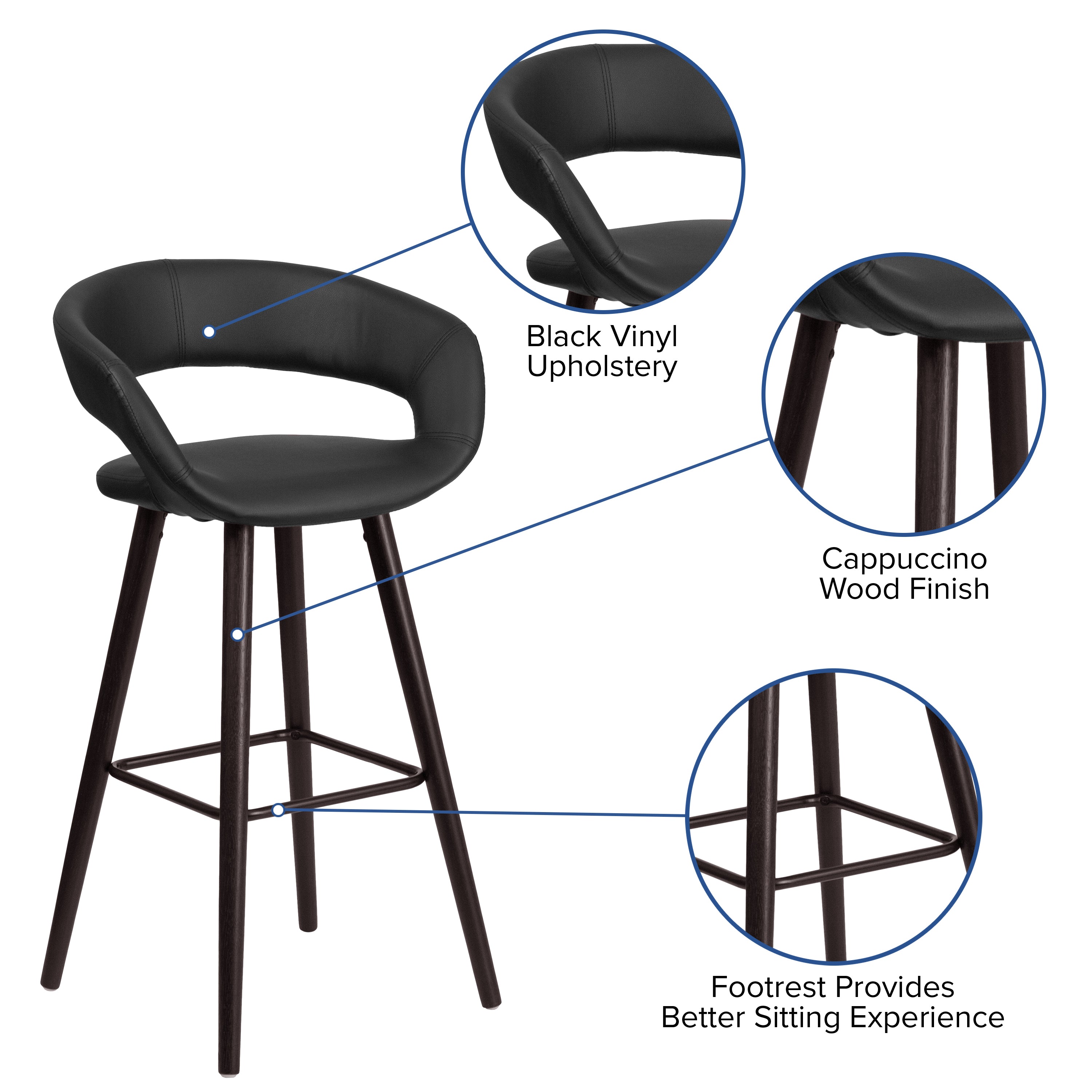 Brynn Series 29'' High Contemporary Vinyl Rounded Back Barstool with Cappuccino Wood Frame