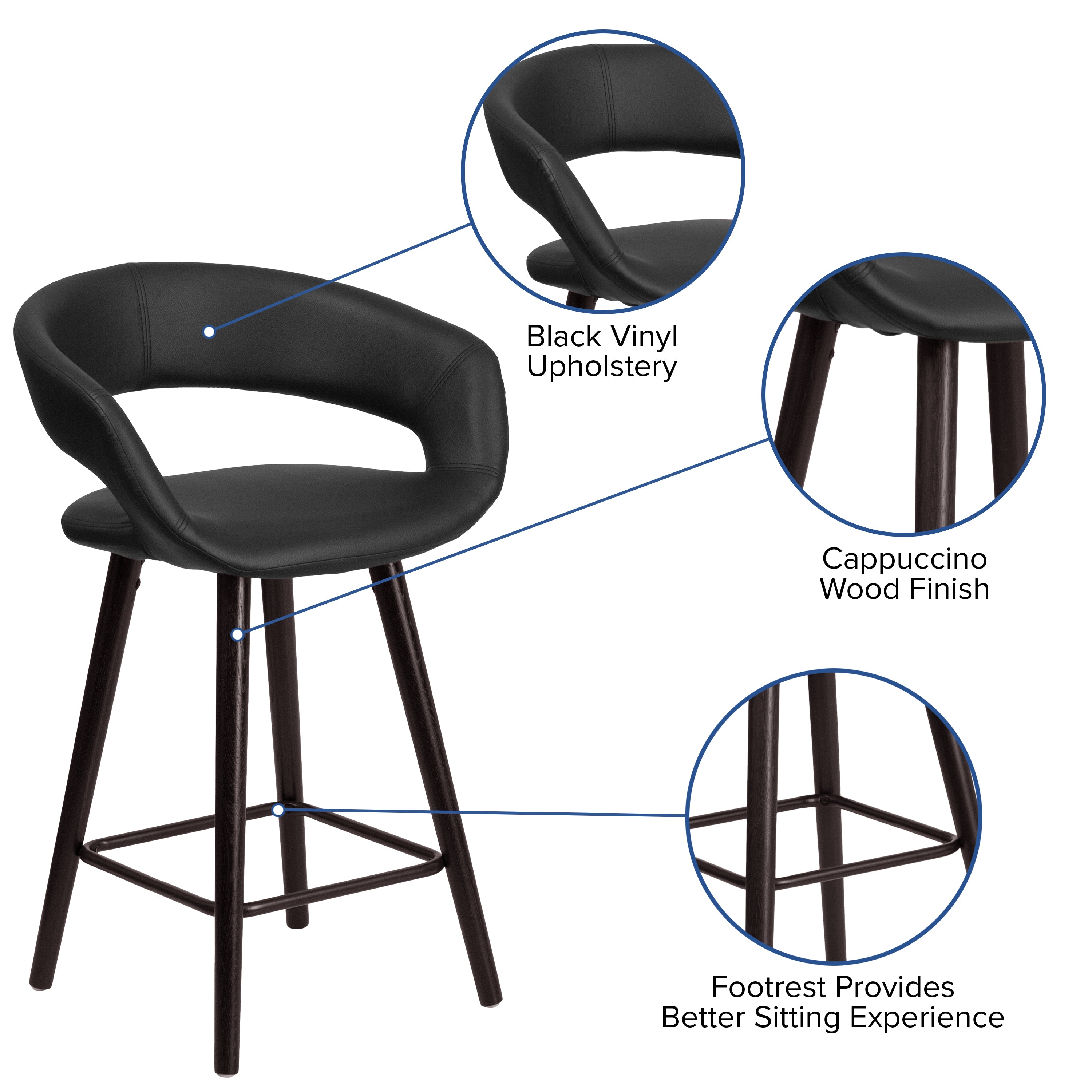 Brynn Series 24'' High Contemporary Vinyl Rounded Back Counter Height Stool with Cappuccino Wood Frame