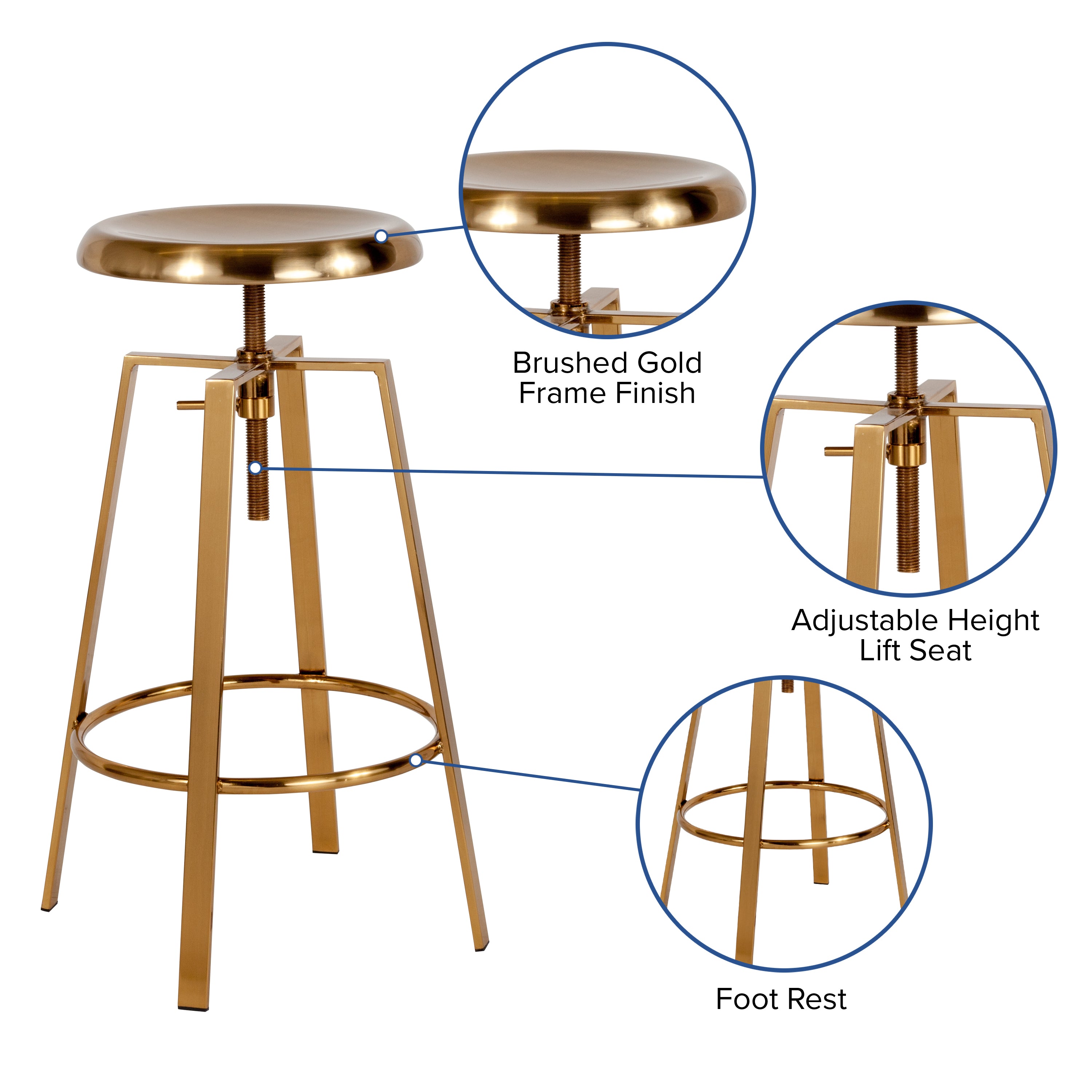 Toledo Industrial Style Barstool with Swivel Lift Adjustable Height Seat