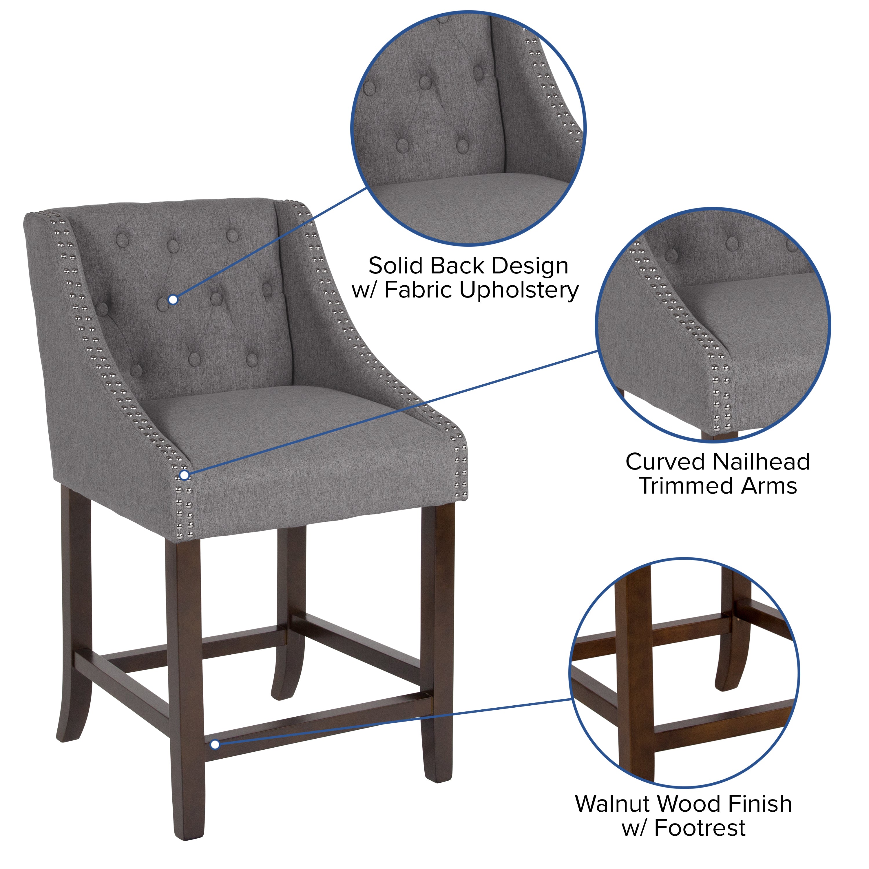 Carmel Series 24" High Transitional Tufted Walnut Counter Height Stool with Accent Nail Trim