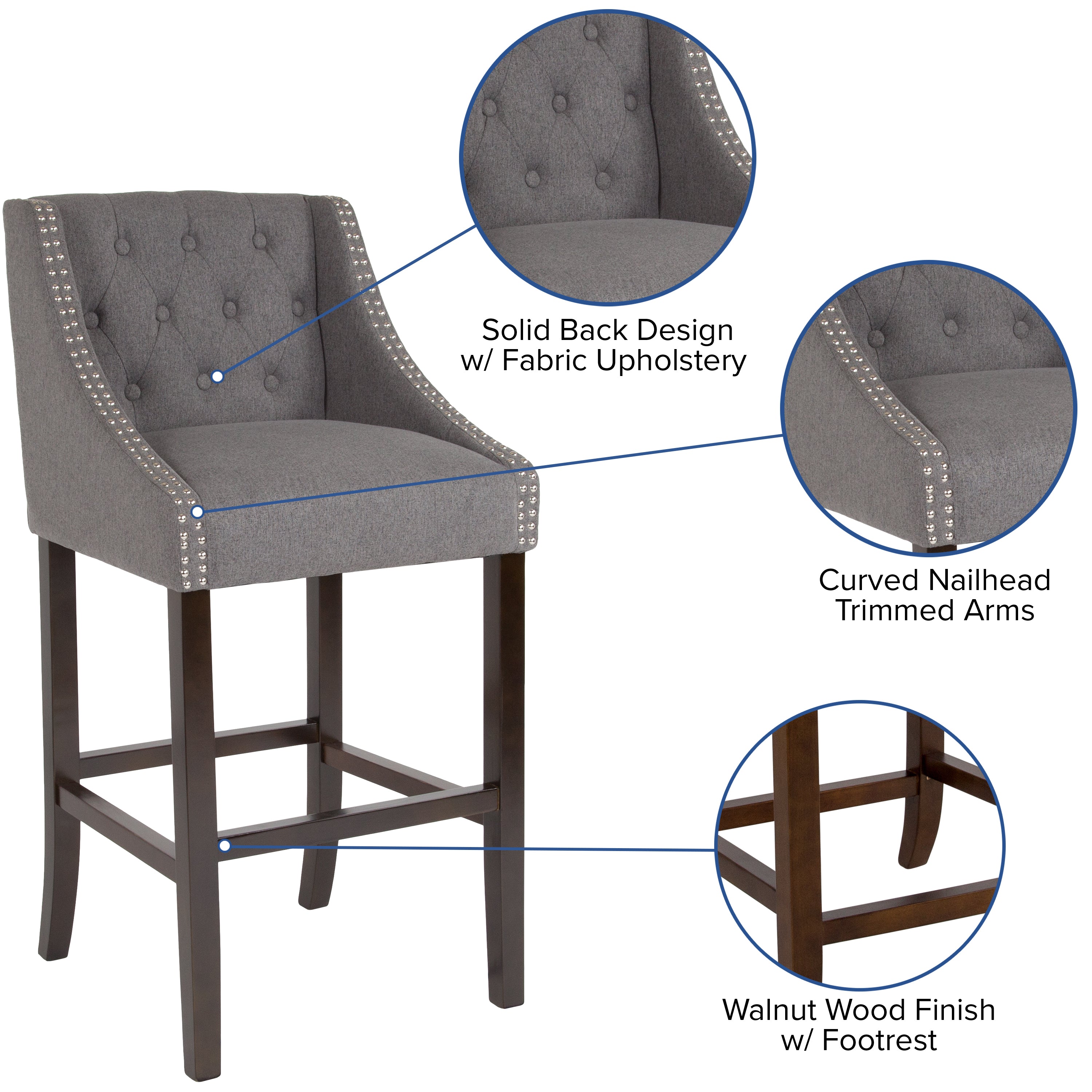 Carmel Series 30" High Transitional Tufted Walnut Barstool with Accent Nail Trim
