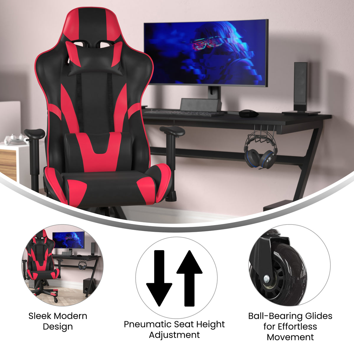 X20 Gaming Chair Racing Office Computer PC Adjustable Chair with Reclining Back and Transparent Roller Wheels