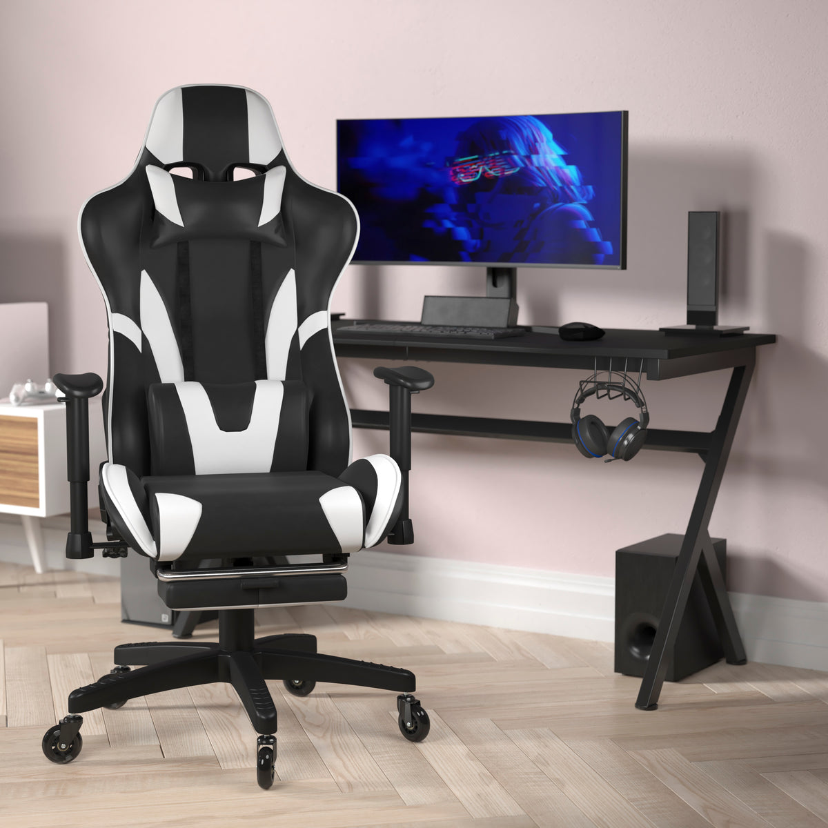 X30 Gaming Chair Racing Computer Chair with Reclining Back, Slide-Out Footrest, and Transparent Roller Wheels