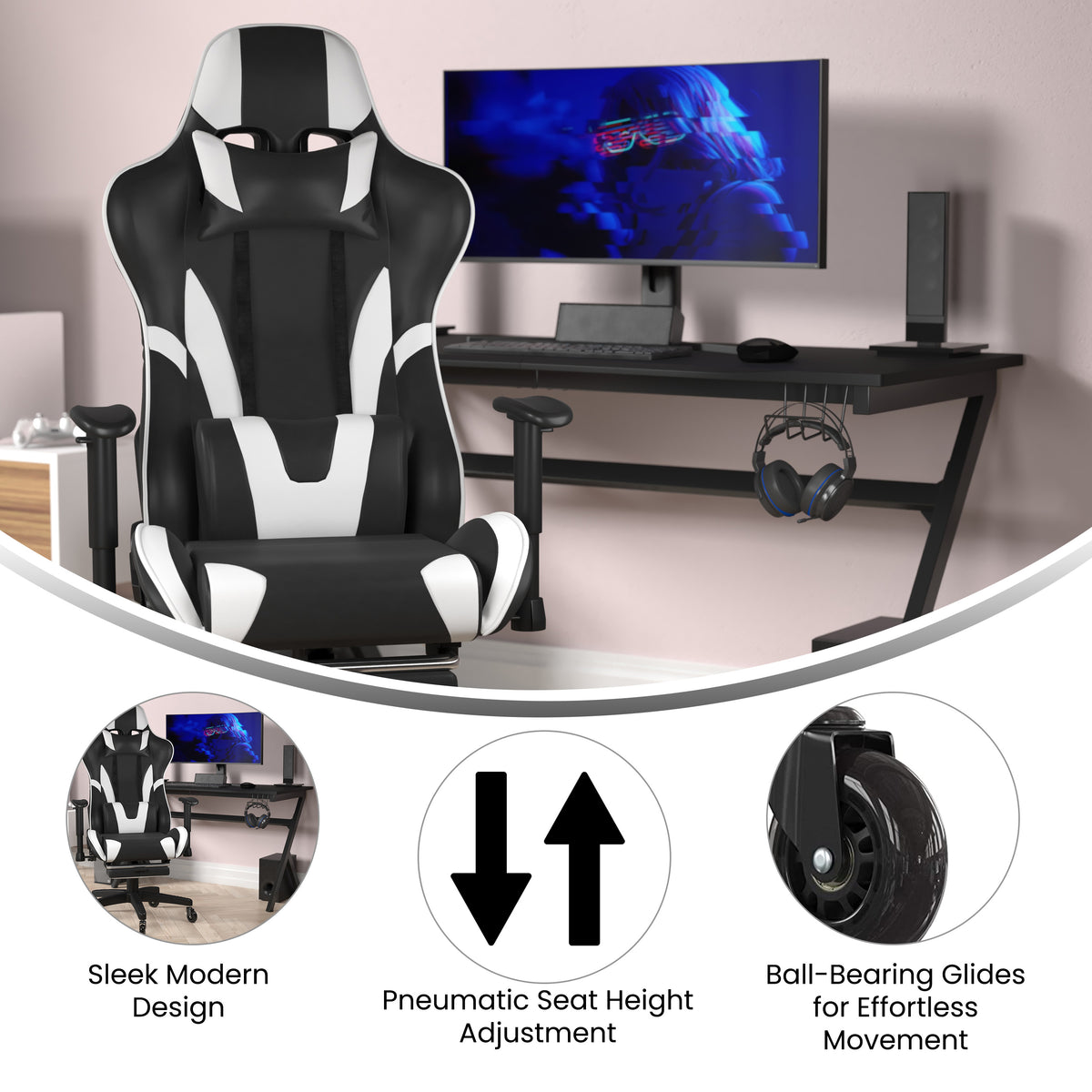 X30 Gaming Chair Racing Computer Chair with Reclining Back, Slide-Out Footrest, and Transparent Roller Wheels