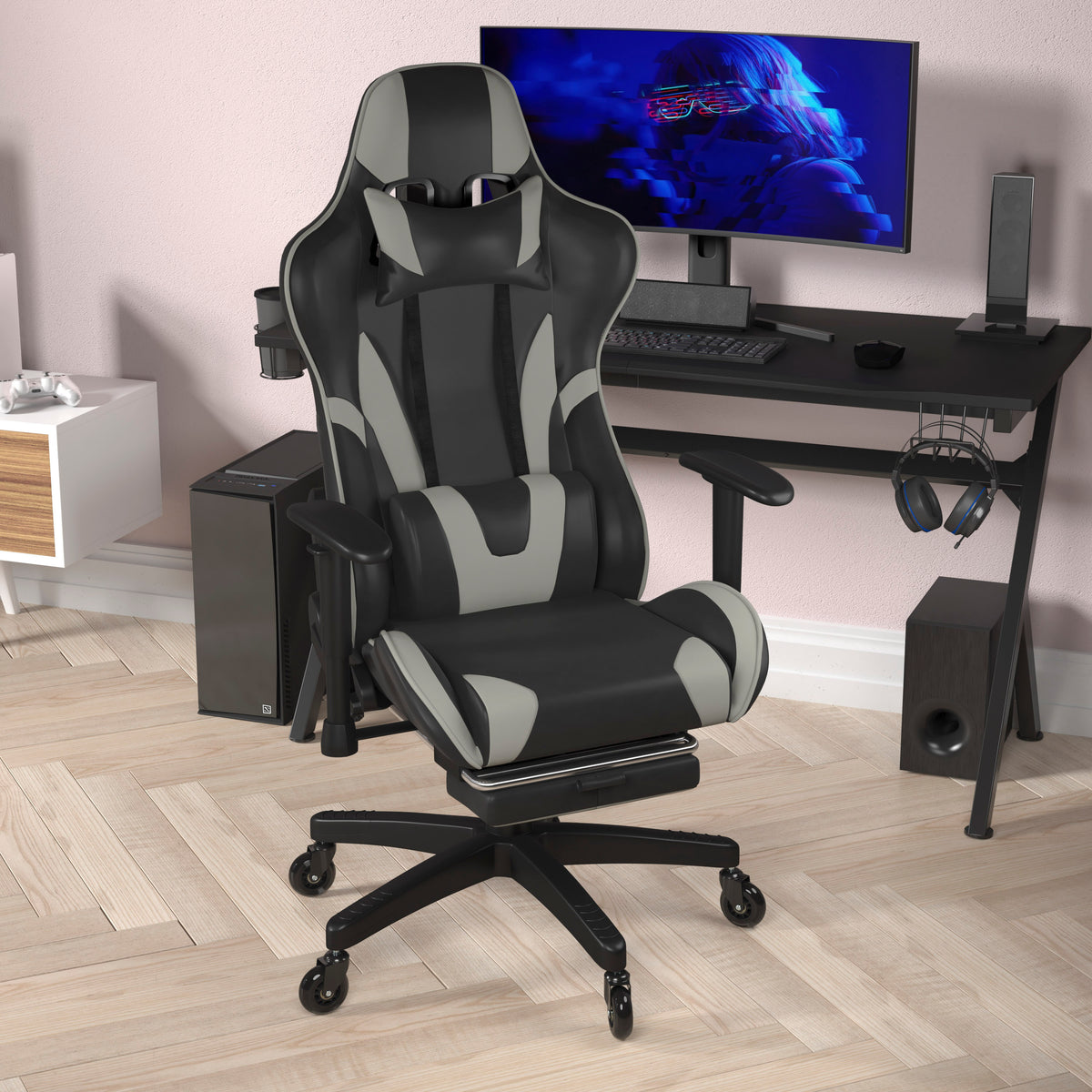X30 Gaming Chair Racing Computer Chair with Reclining Back, Slide-Out Footrest, and Transparent Roller Wheels