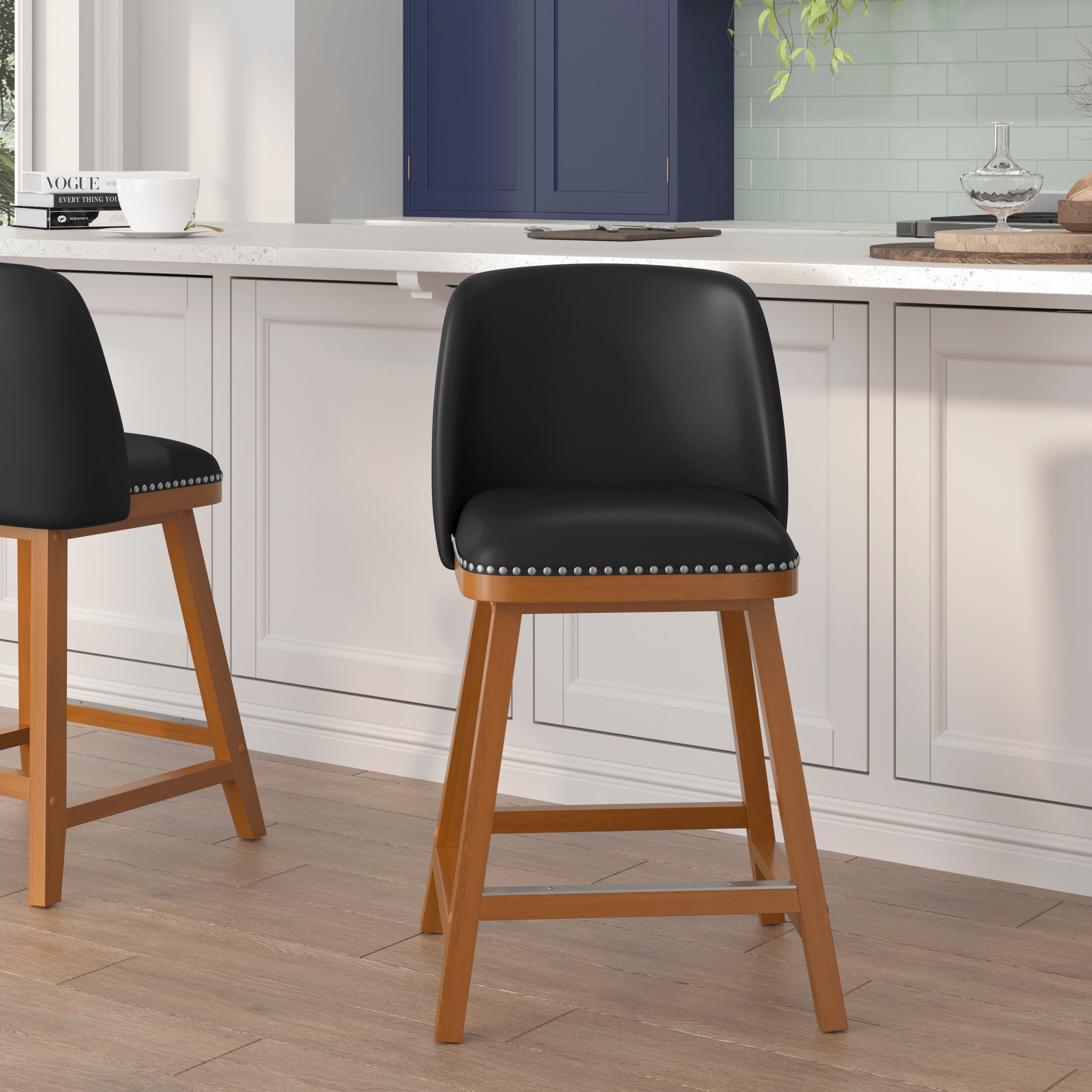 Julia Set of 2 Transitional Upholstered Counter Stools with Nailhead Trim and Solid Wood Frames-Counter Stool-Flash Furniture-Wall2Wall Furnishings