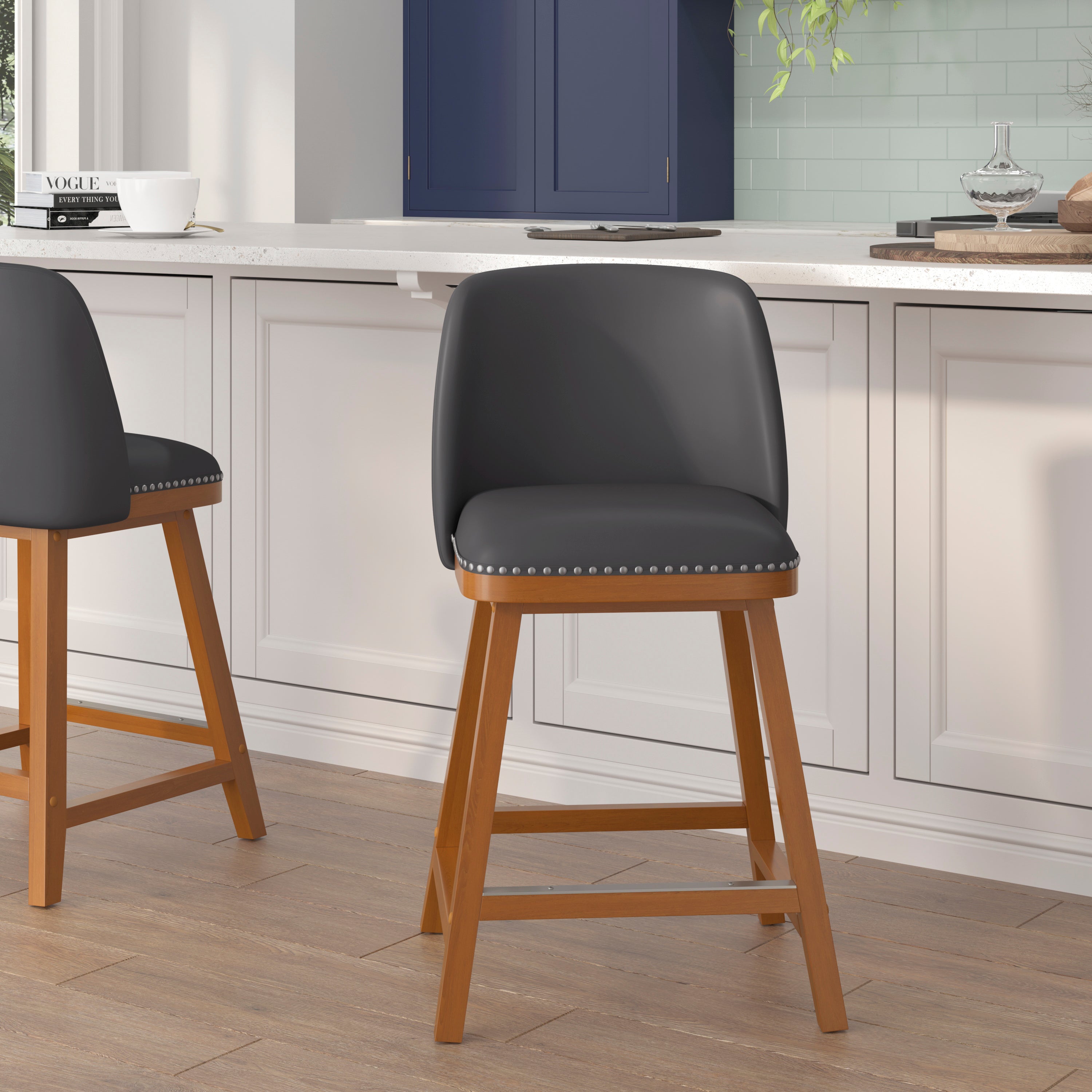 Julia Set of 2 Transitional Upholstered Counter Stools with Nailhead Trim and Solid Wood Frames