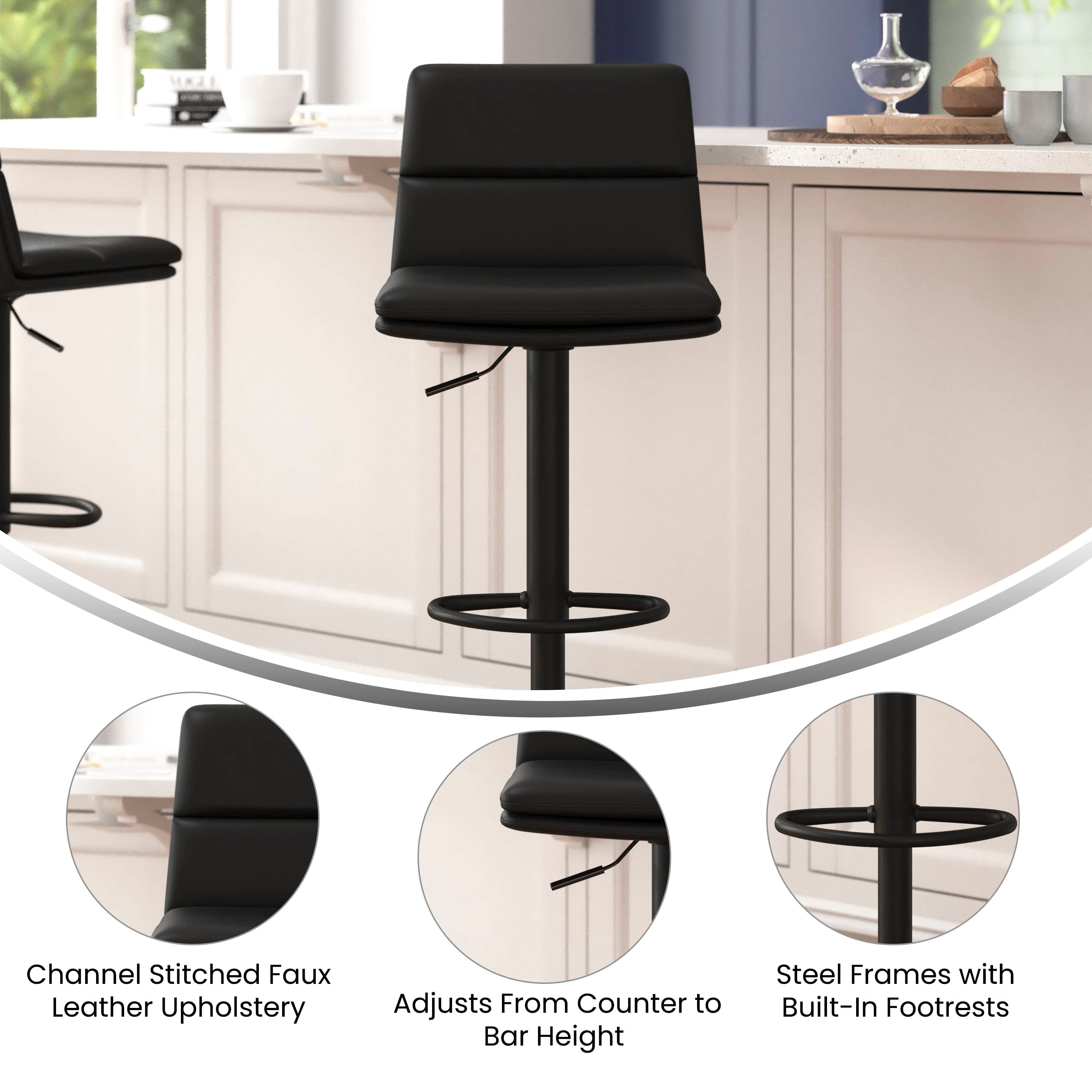 Hughes Modern Adjustable Height LeatherSoft Channel Stitched Barstools, Set of 2
