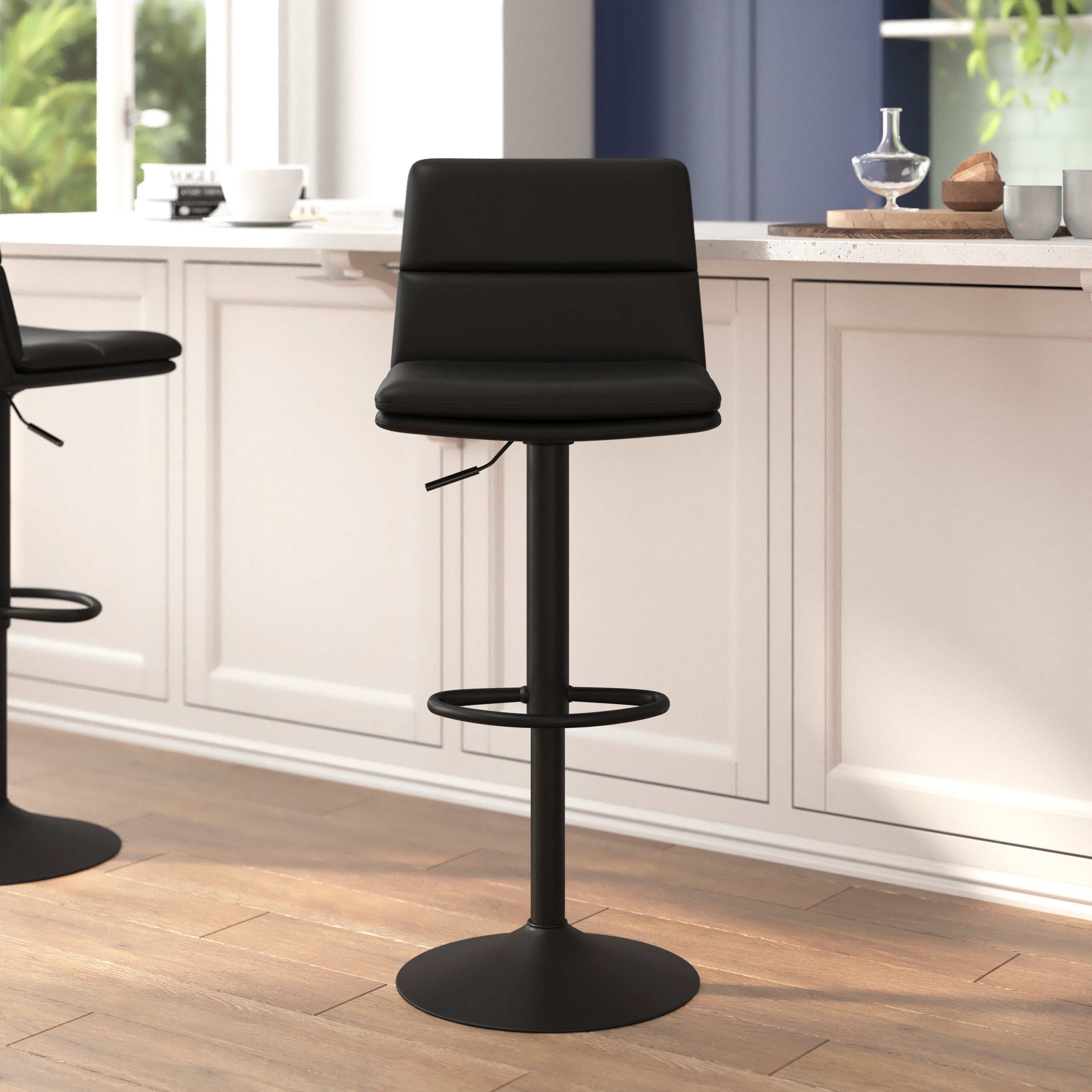 Hughes Commercial Grade Modern Adjustable Height LeatherSoft Channel Stitched Barstools, Set of 2-Barstool-Flash Furniture-Wall2Wall Furnishings