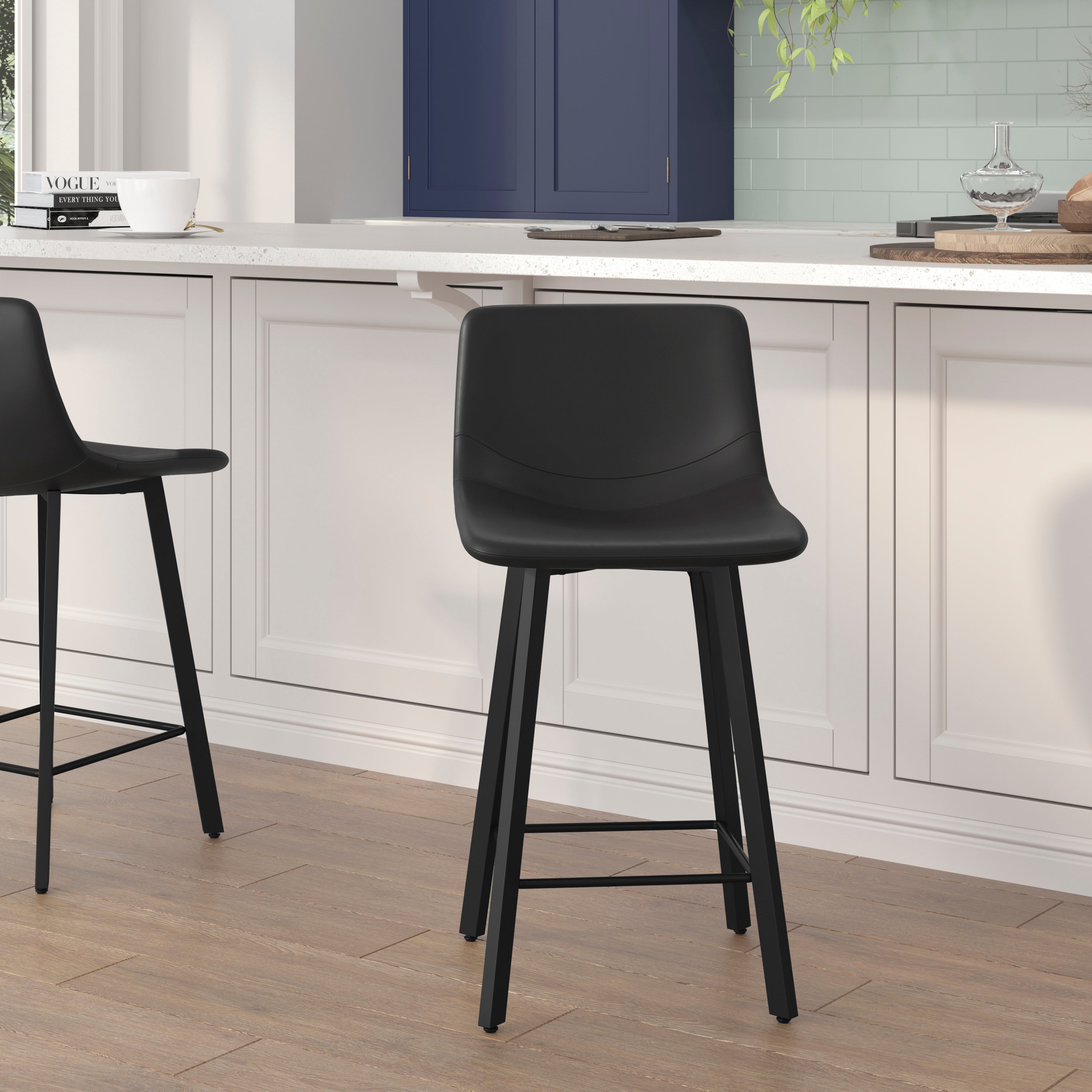 Caleb Modern Armless 24 Inch Counter Height Stools with Footrests and Matte Metal Frames, Set of 2