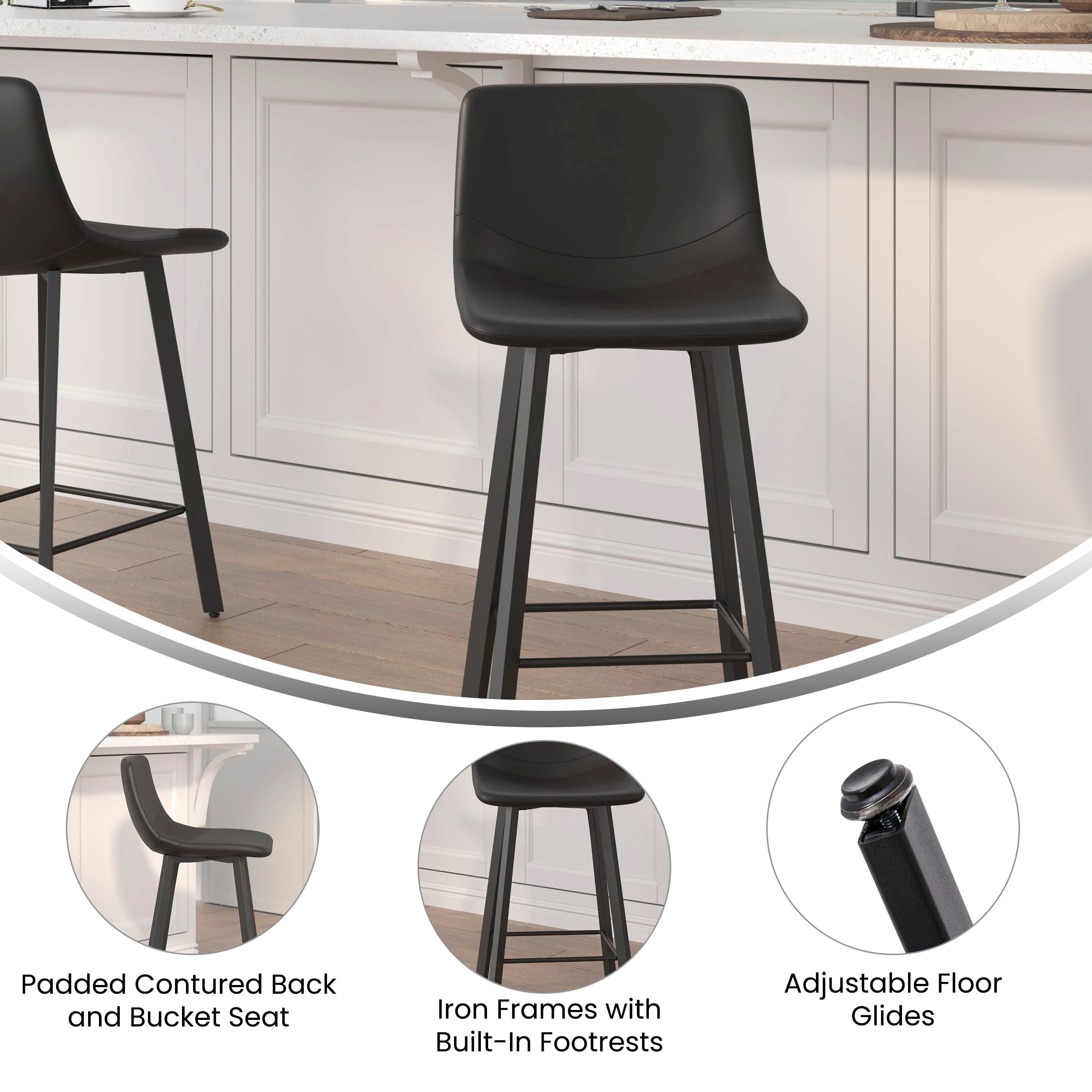 Caleb Modern Armless 24 Inch Counter Height Stools with Footrests and Matte Metal Frames, Set of 2
