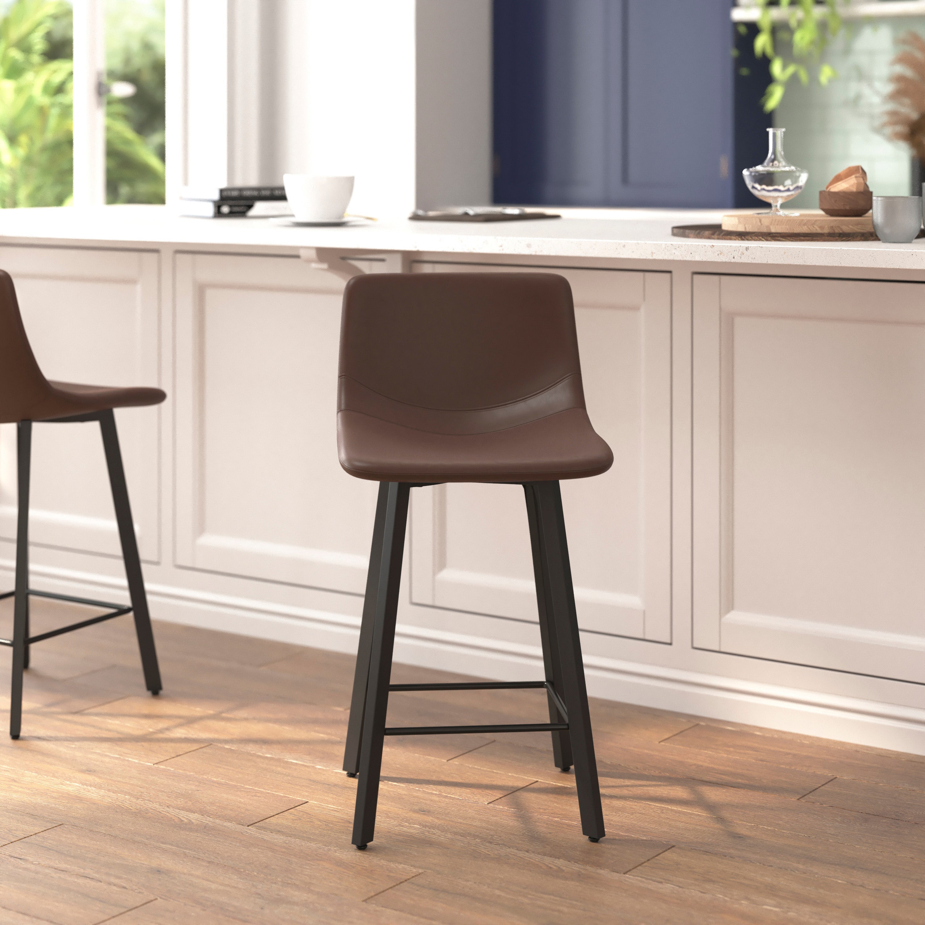 Caleb Modern Armless 24 Inch Counter Height Stools with Footrests and Matte Metal Frames, Set of 2