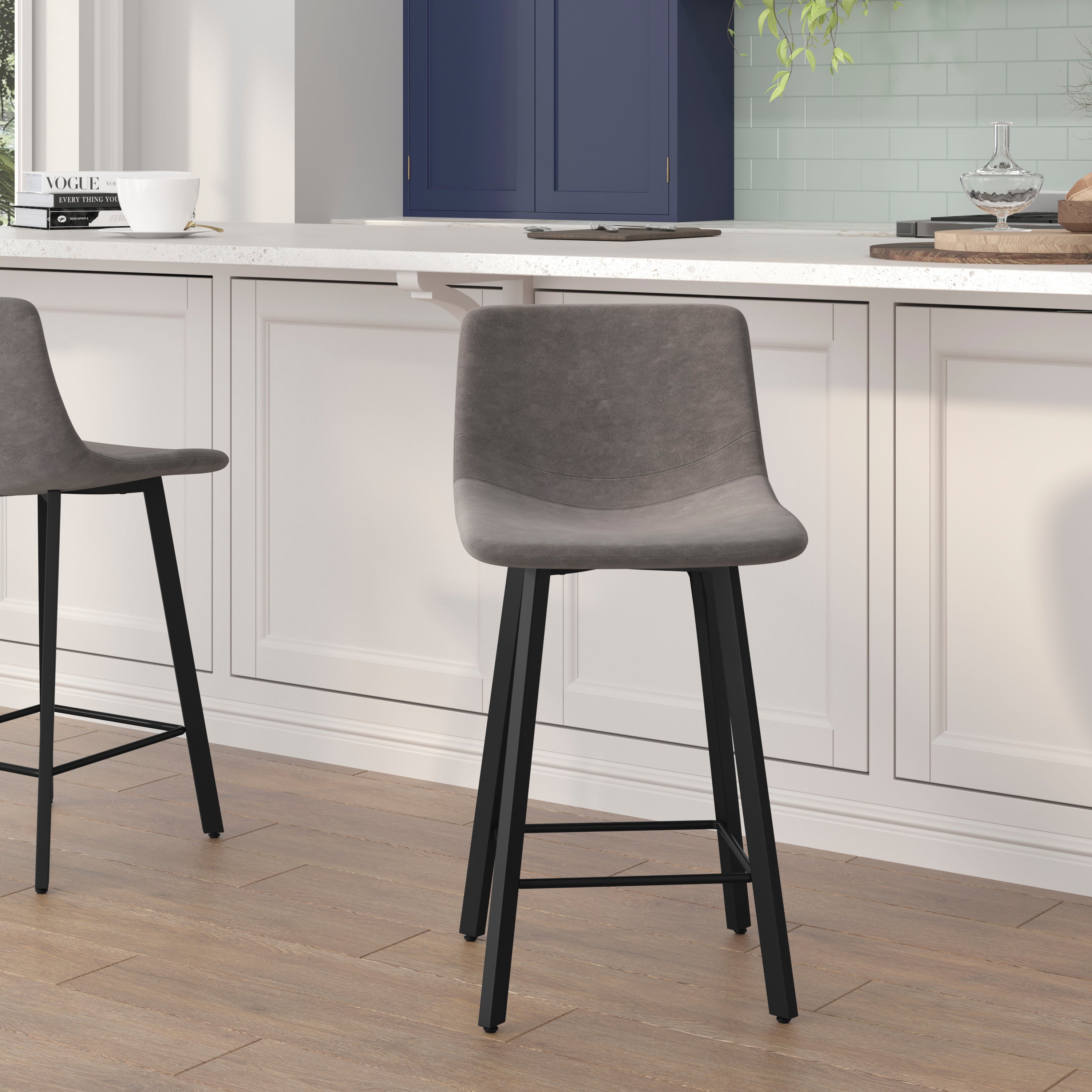 Caleb Modern Armless 24 Inch Counter Height Stools with Footrests and Matte Metal Frames, Set of 2