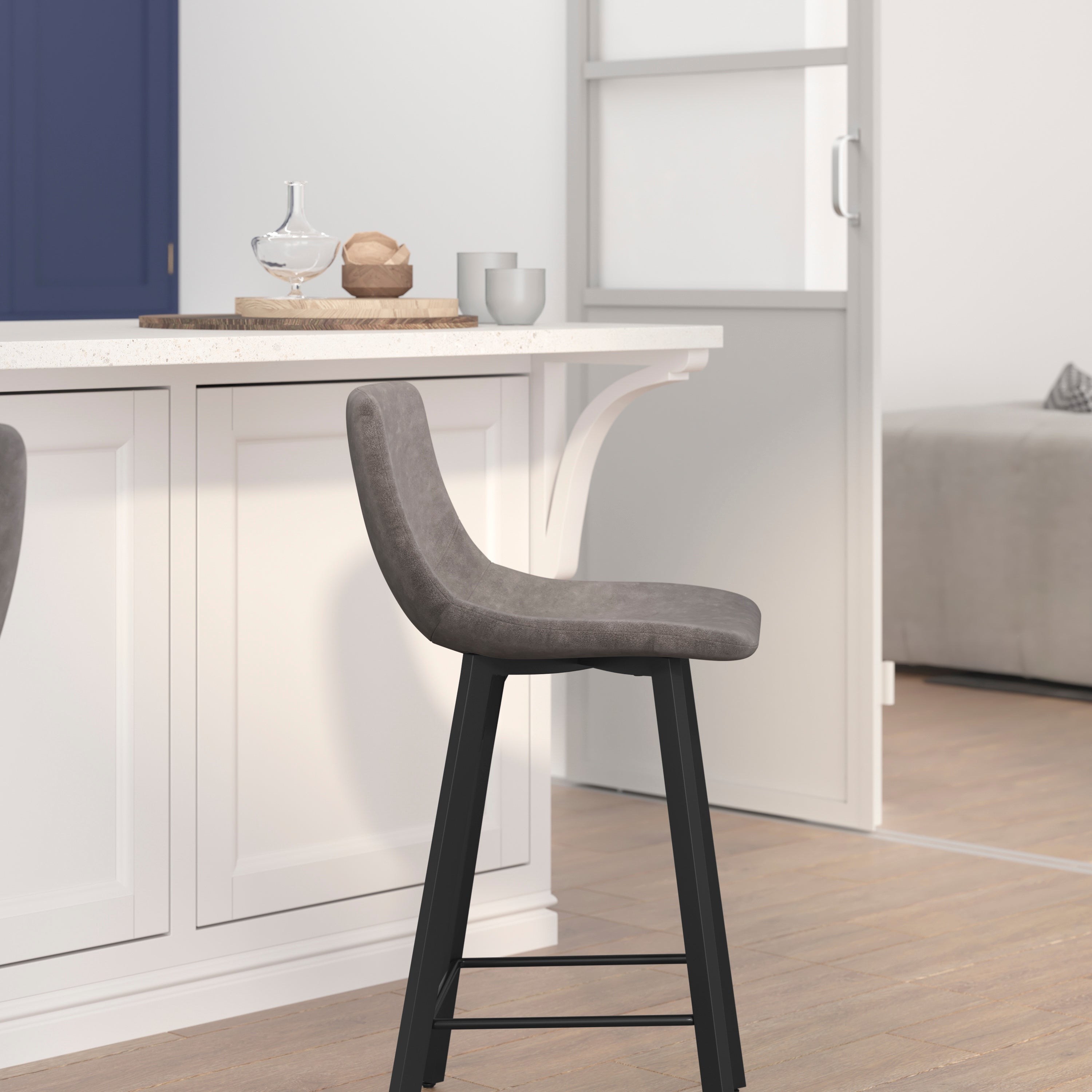 Caleb Modern Armless 24 Inch Counter Height Stools with Footrests and Matte Metal Frames, Set of 2